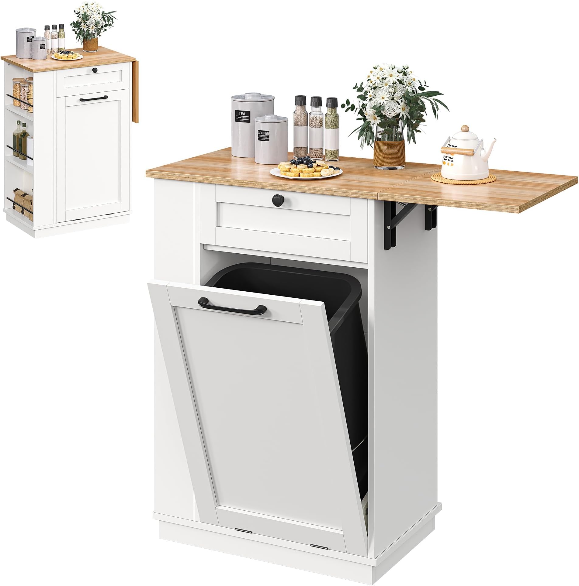 YITAHOME Sideboard with Trash Bin Hamper, Tilt Out Trash Cabinet with Top Extension Board and ...