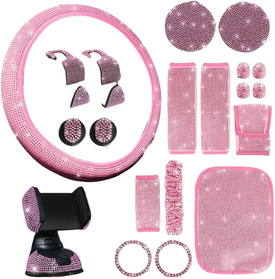 21PCS Diamond Car Interior Accessories Set, With Rhinestone Steering Wheel Cover Phone Holder Coaster Seat Belt Cover For Women(Pink)