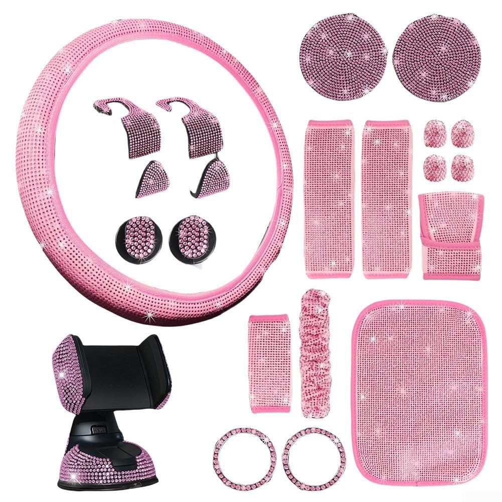 – 21PCS Diamond Car Interior Accessories Set, With Rhinestone Steering Wheel Cover Phone Holder Coaster Seat Belt Cover For Women(Pink)