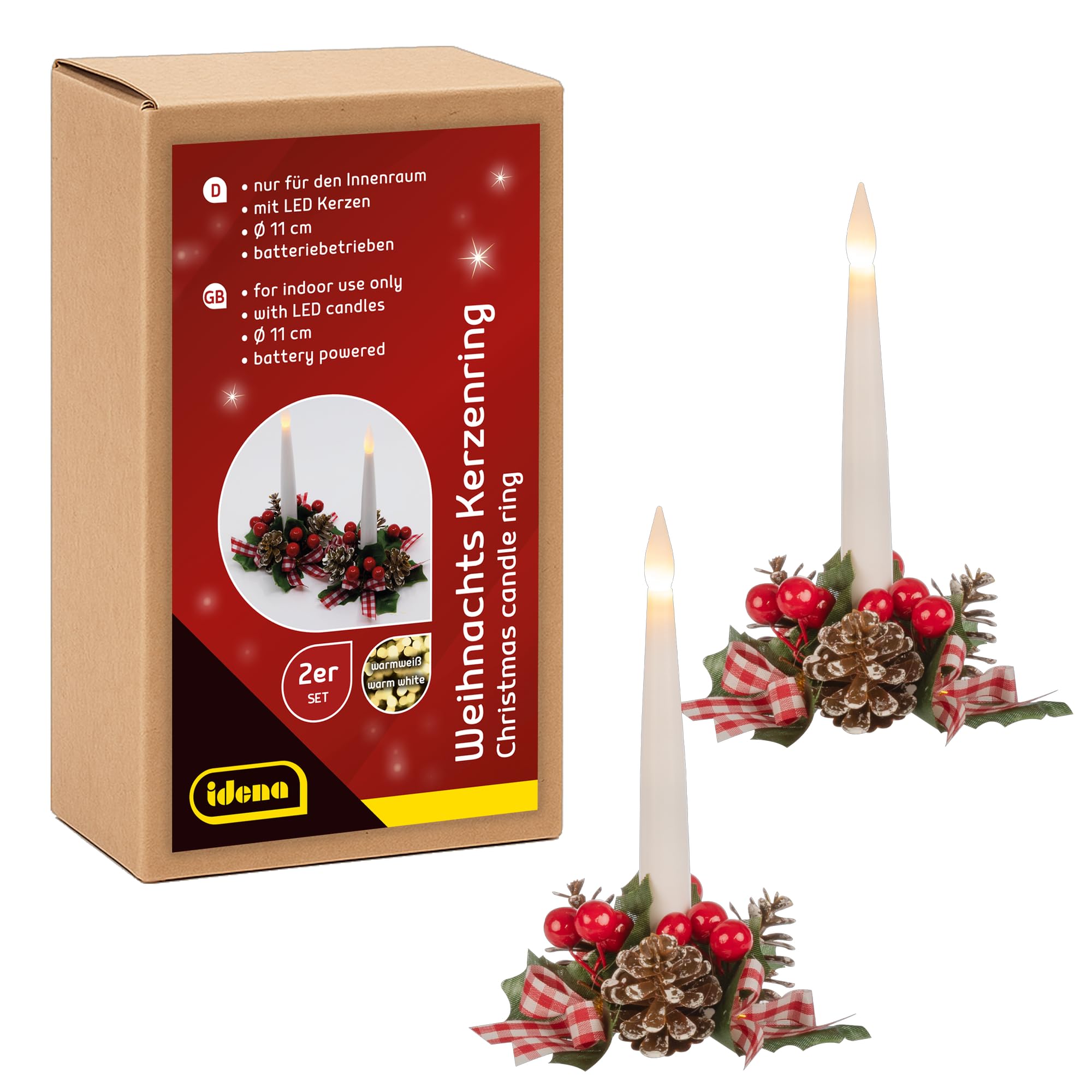 Idena 31905 LED Taper Candles with Christmas Wreaths, 2 Pieces, Candle Rings with Jewellery in Red, Christmas Decoration for Indoors, Battery-Operated Candles
