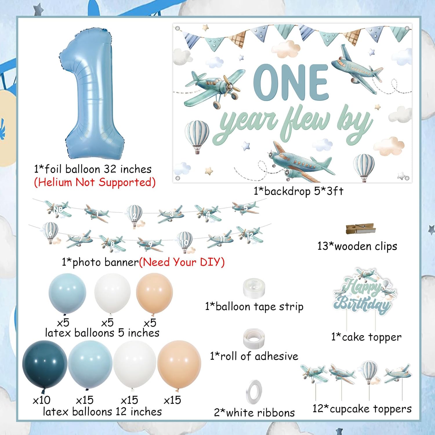 Airplane 1st Birthday Decorations Retro One Year Flew By Backdrop Banner Vintage Airplane Balloon Garland Arch Photo Banner Cake Cupcake Topper 1 Foil Balloon Boho Aircraft Birthday