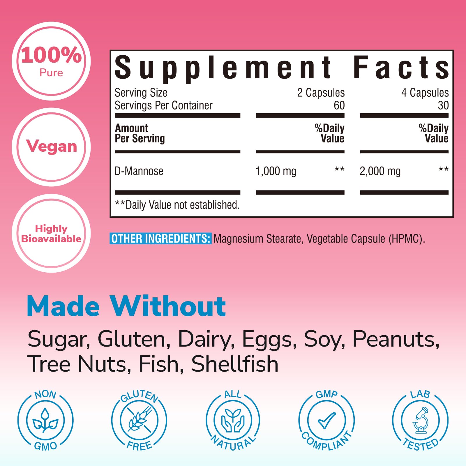 Vitalibre D-Mannose Supplements for Women, 2,000mg Per Serving, 100% Pure, All-Natural Urinary Tract Health Support, 120 Vegan Capsules — Amazon image 5
