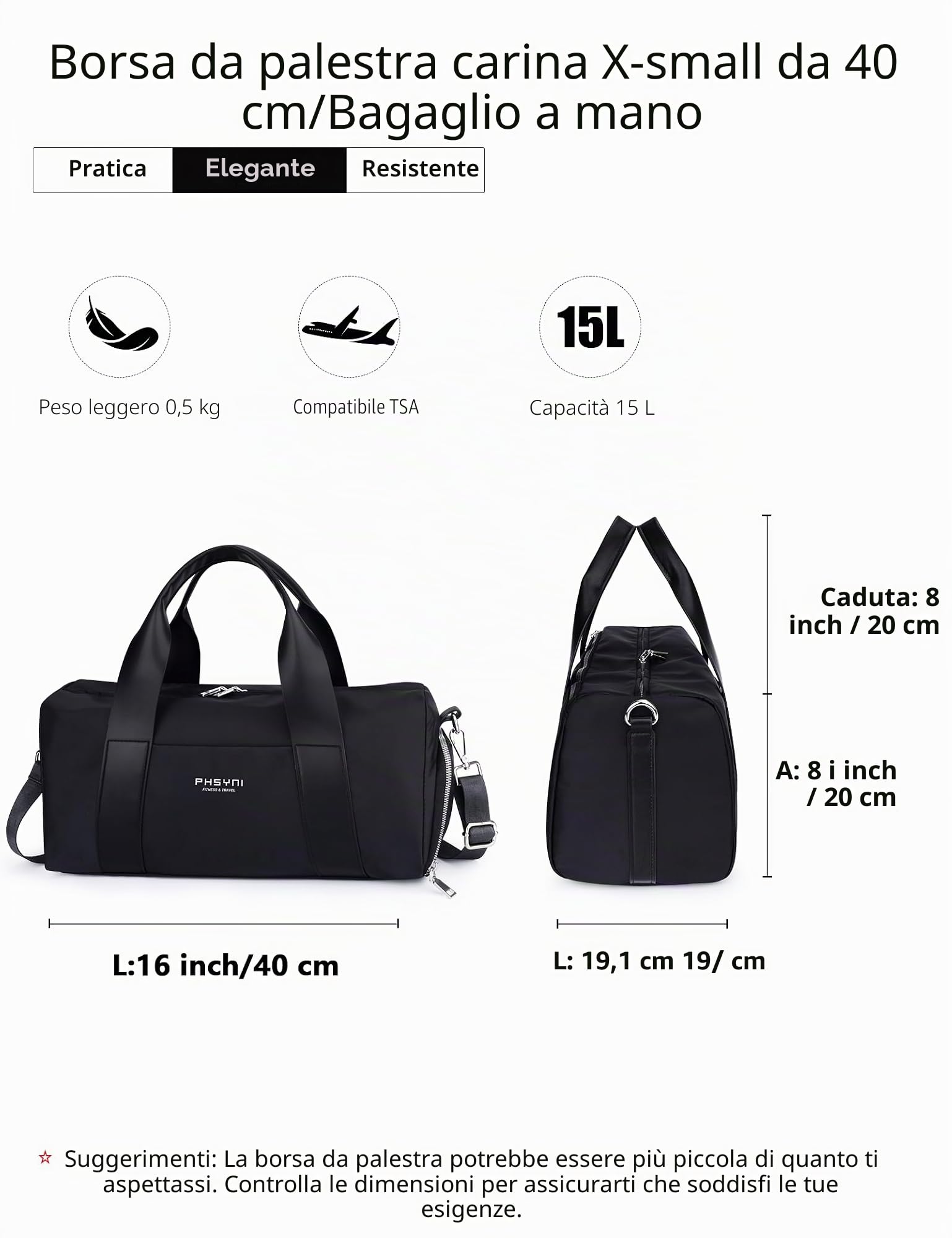 Borsone Palestra Donna & Bambini,Borsa Sportivo con Porta Scarpe e Tasca Umida da Viaggio, Sport, Fitness, Piscina(Nero,40x19x20 cm,15L)