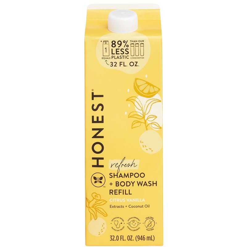 Refil de Shampoo e Sabonete Líquido Corporal 2 em 1 The Honest Company Citrus Vanilla Refresh, 946 mL, Pacote com 6