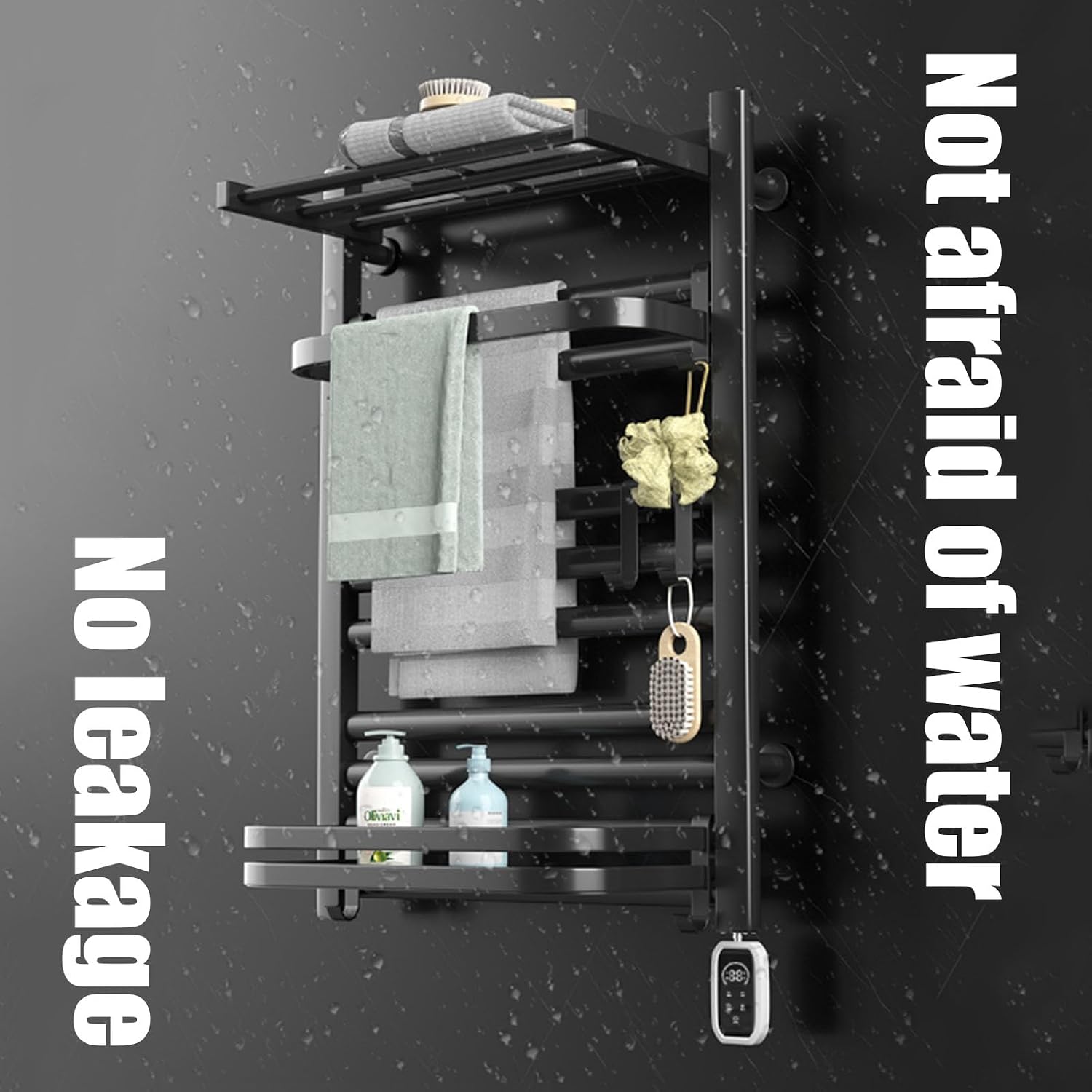 Black Wall-Mounted Heated Towel Rack with Timer & Top Shelf - 70 A Left Line Towel Dryer for Bath Towels Bathrobes & Blankets - Ideal Bathroom Accessory
