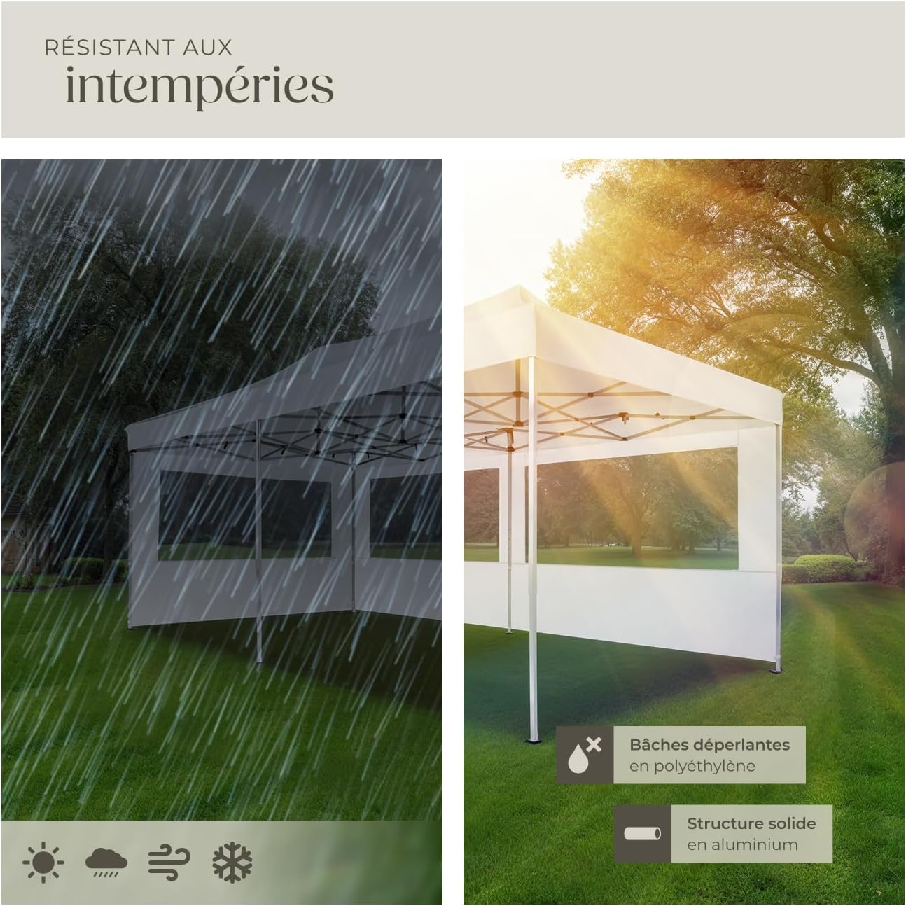 Two images side-by-side. The left image shows the gazebo in heavy rain, illustrating its water-resistant properties. The right image shows the gazebo on a sunny day, highlighting its aluminum structure and polyethylene tarpaulins.