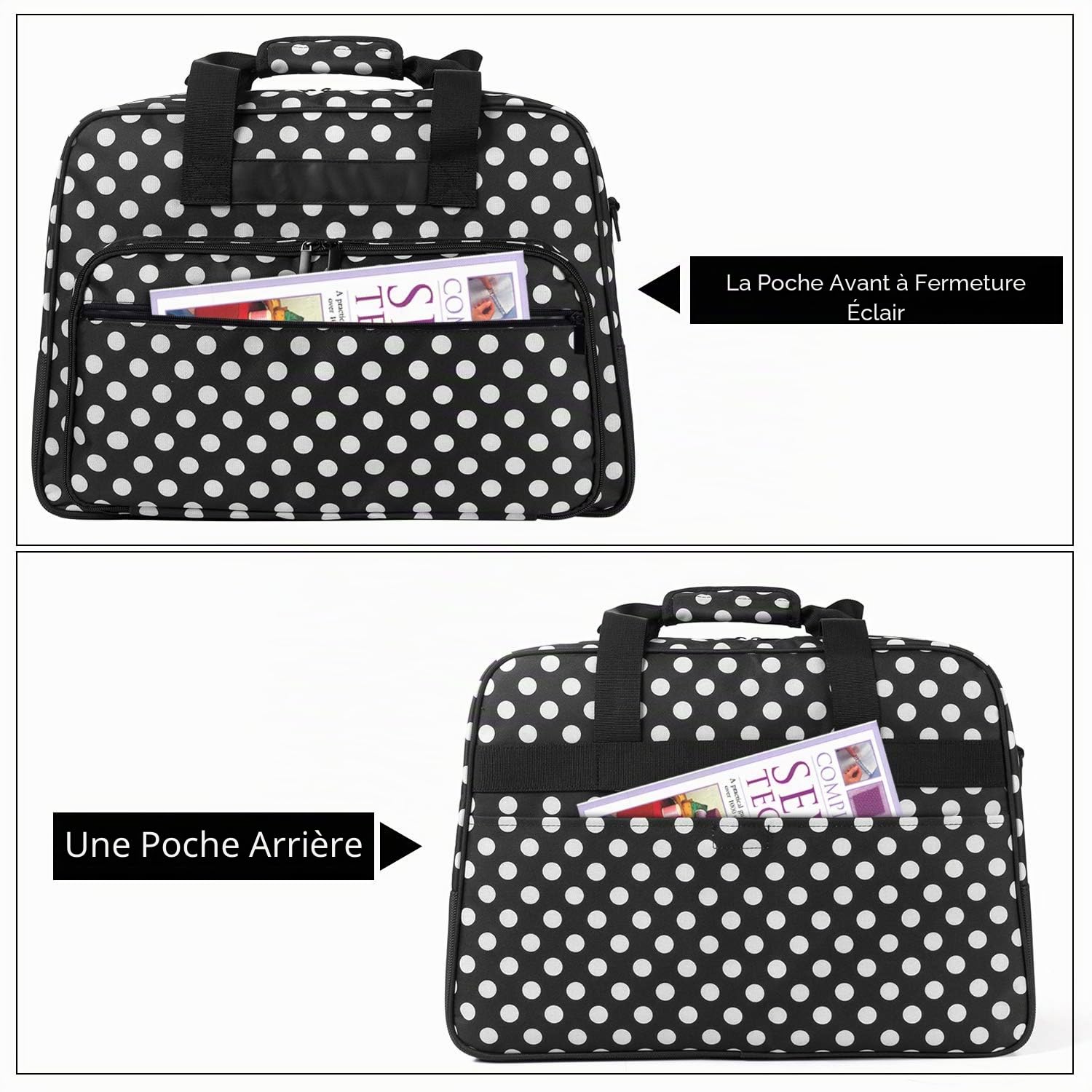 Yarwo Sac pour Surjeteuses, Sac de Transport pour Surjeteuses, Convient à la Plupart Majeur Surjeteuses, avec Fond antidérapant et rembourré épais Interne, Points Noirs | Plusieurs poches, rembourrage épais, bretelles ajustables, sangle bagage, convient à