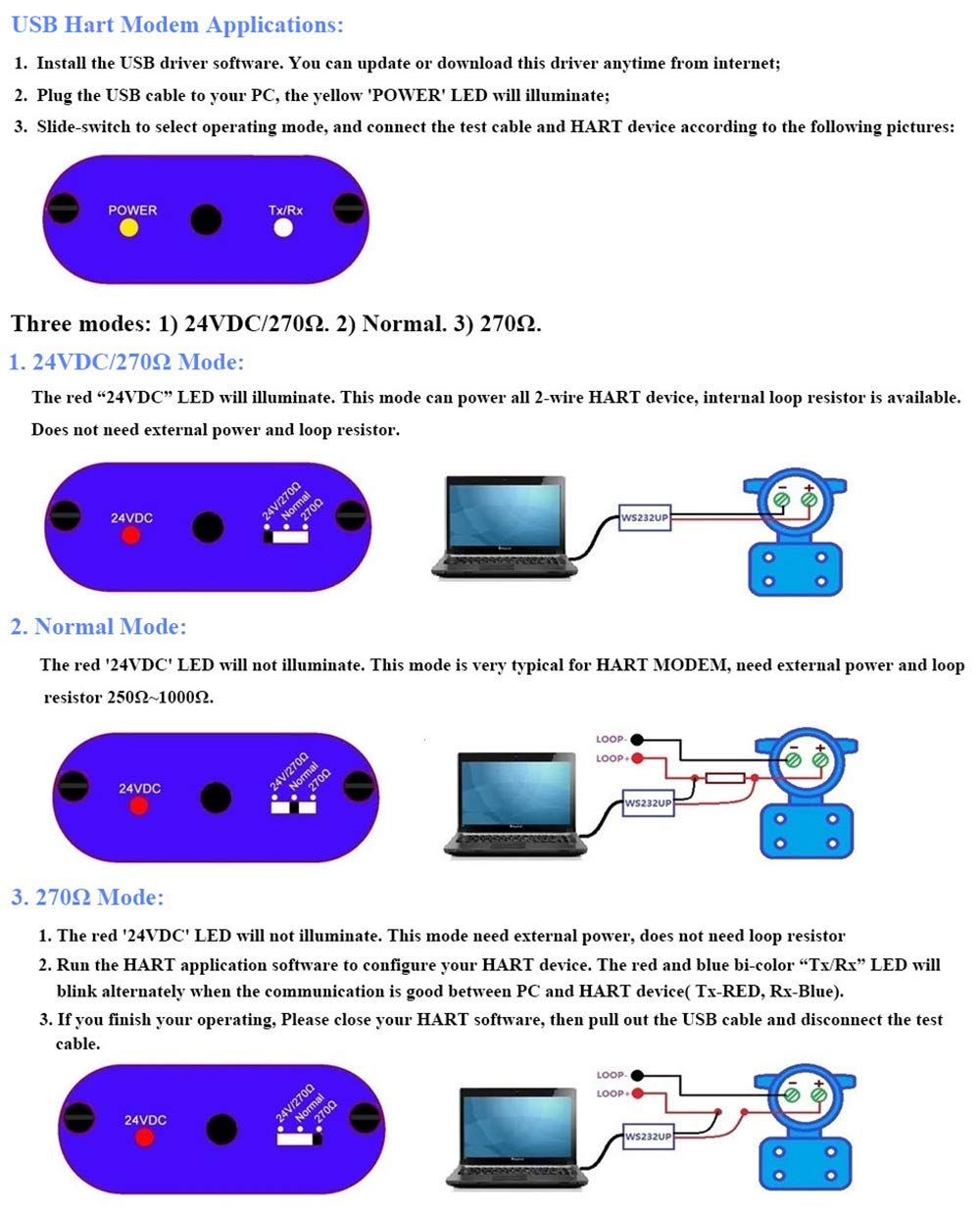 Toplionace Módem Hart USB, WS232UP Transmisor de Protocolo USB a Hart Comunicador Convertidor Hart con 24 VCC y Controlador de Temperatura de Resistencia de Bucle Incorporado