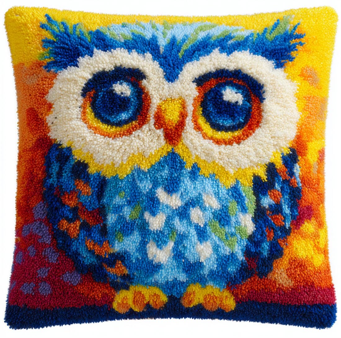 Kitquiver Animal Latch Hook Pillow Kit Fantasy Owl DIY Latch Hook Kits Pillow Needlepoint Cushion Kit for Home Décor Needlework Set for Adult Beginners 17x17In