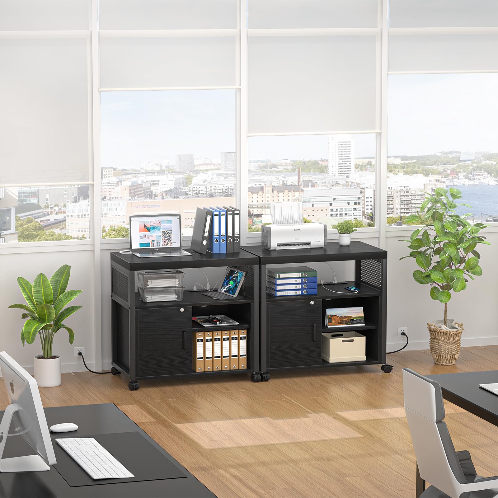 Unikito Lateral File Cabinet Locking Office Printer Stand with Sockets and USB Charging Ports Modern Rolling Printer Desk — view 5