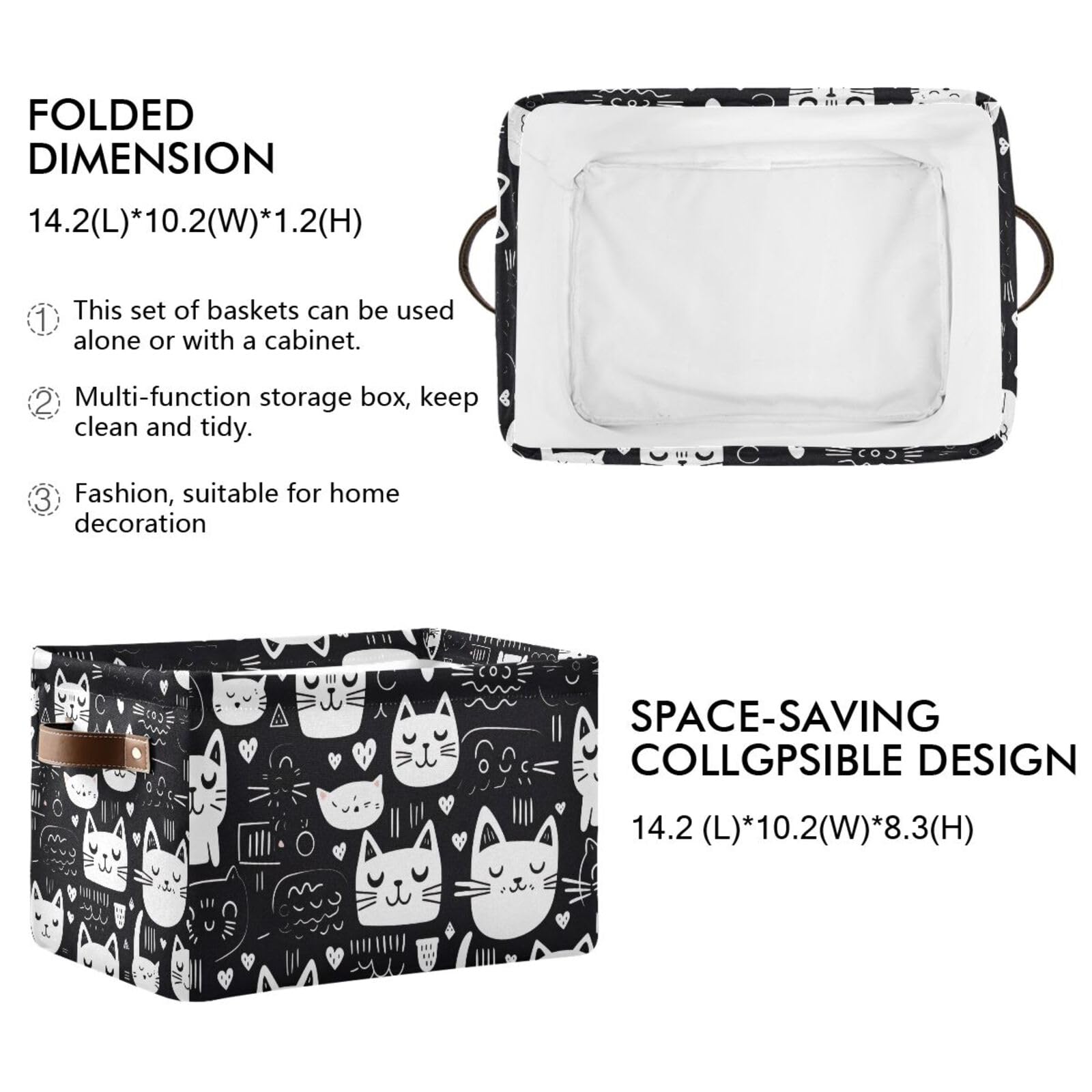 PaChyLuu White Black Cats Storage Basket Bin Canvas Fabric Organizer Toys Basket with Handles for Home Office Nursery, Clothes, Gifts, 2 Pcs