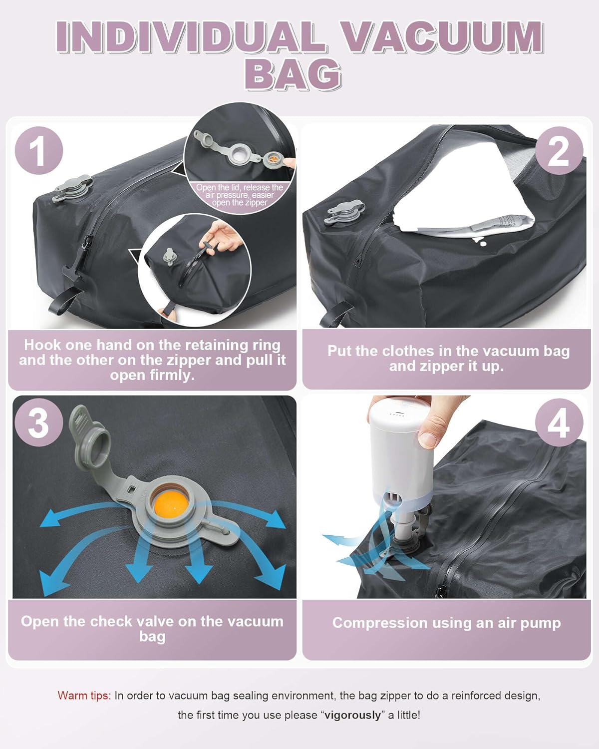 winspansy Large Travel Backpack Storage Vacuum Compression Seal Bags for Women Men Clothing with Pump Personal Item Work Carry on Business Vacpack College Laptop Backpack Purplish Pink