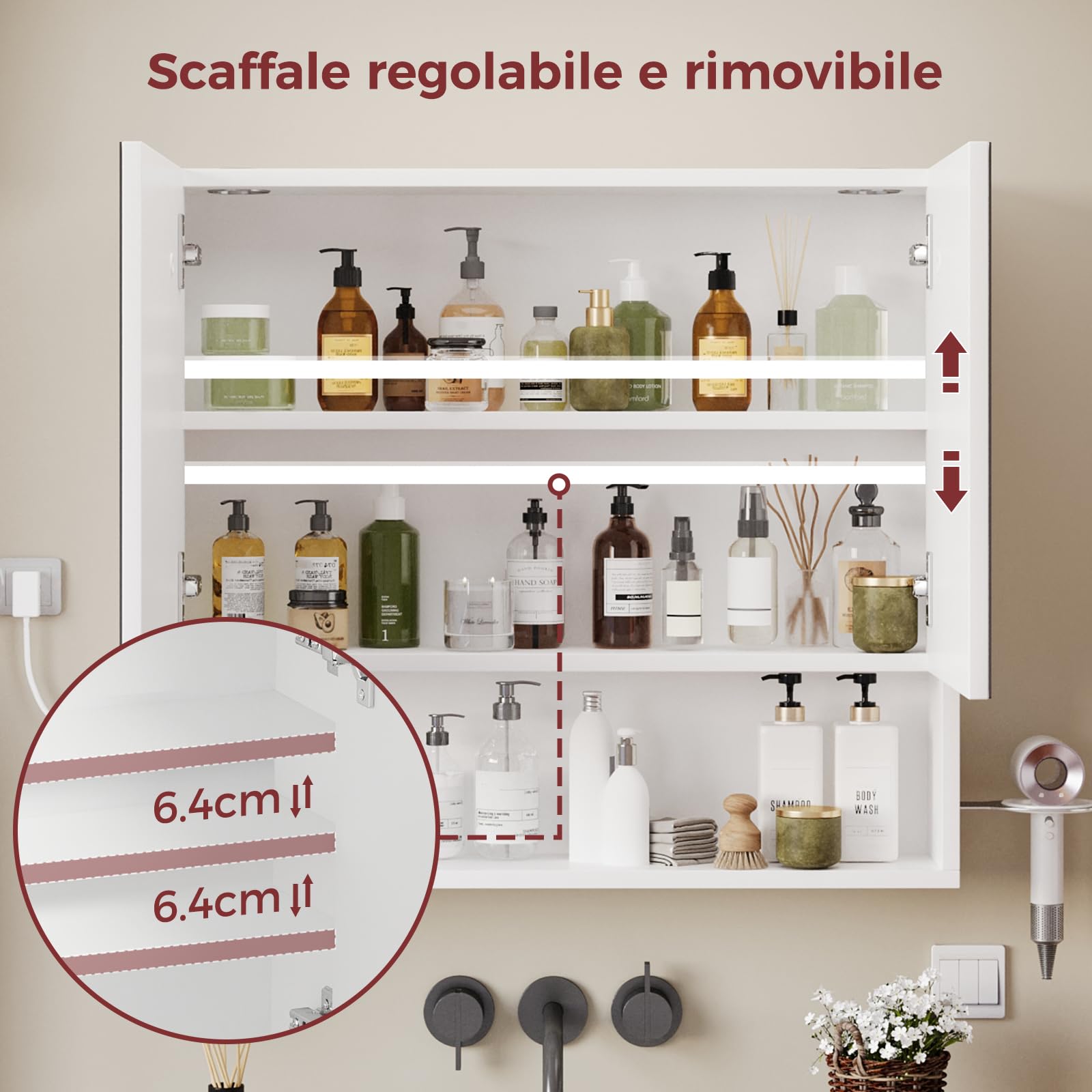 ELUCHANG Armadio da bagno con specchio e illuminazione a LED,Specchio Bagno Contenitore, ripiani regolabili,Porta Asciugacapelli e Asciugamani, Mobile Bagno con Specchio a Due Ante,60X14X60CM,Bianco