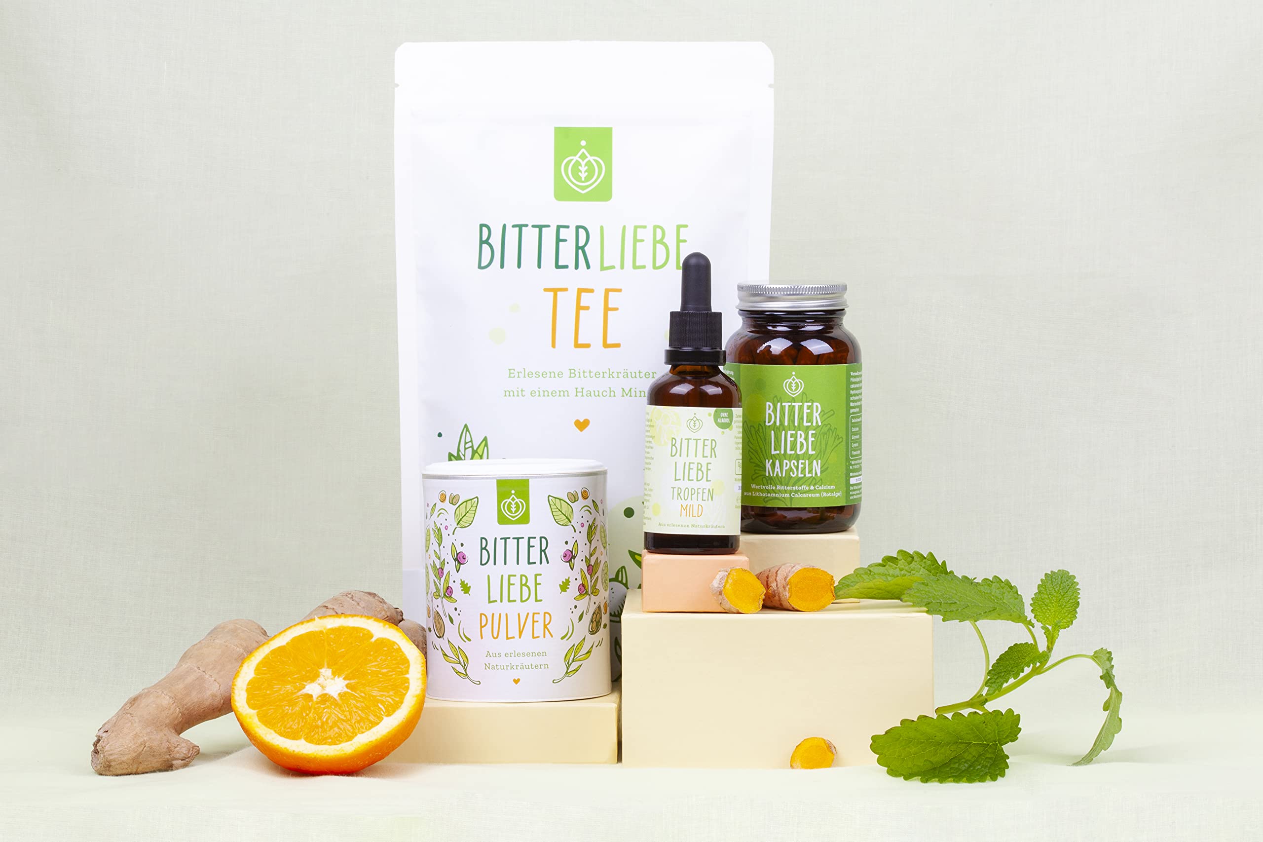BitterLiebe® Premium Paket mild mit BitterLiebe Tropfen mild (50ml) Kapseln (90Stk.) Pulver (100g) und Kräutertee (100g) I Bitterstoffe aus Die Höhle der Löwen