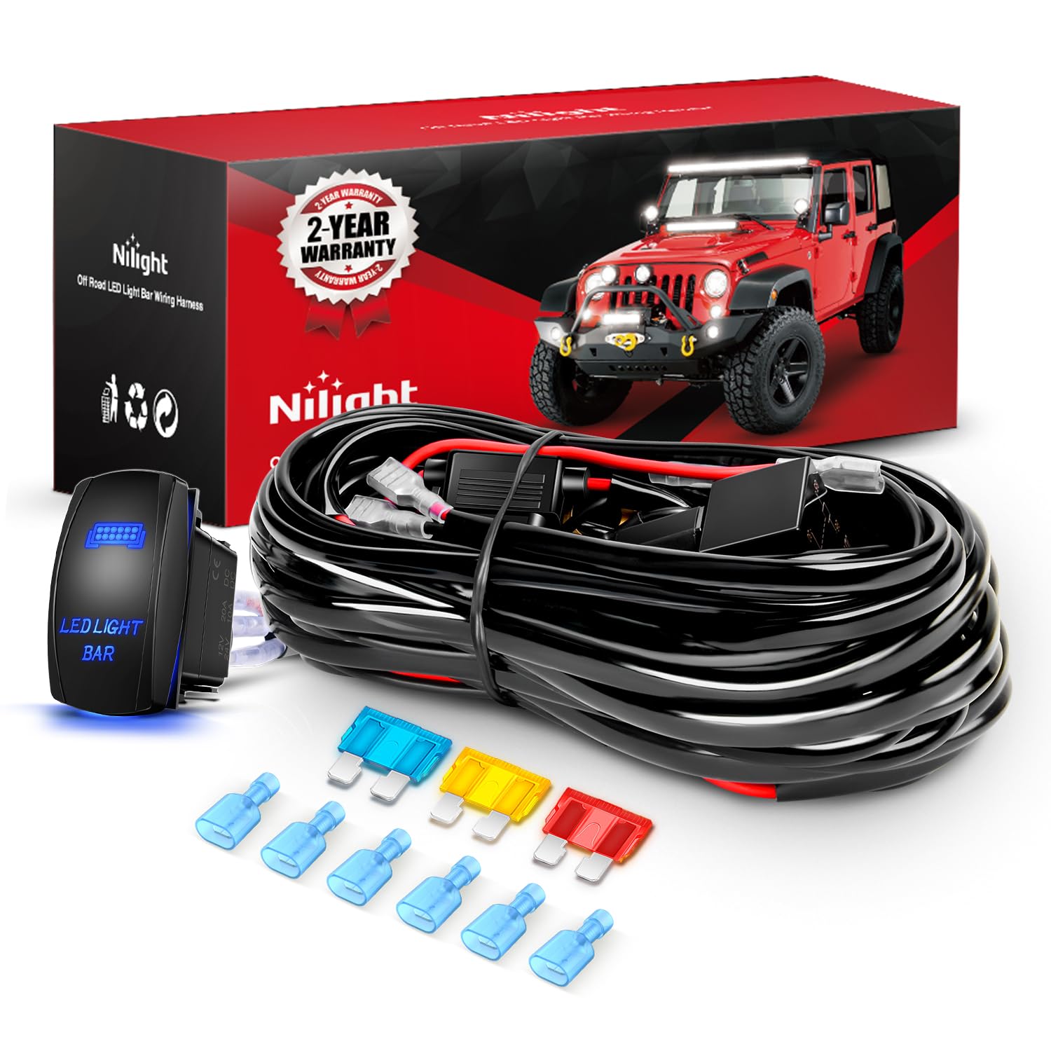 Nilight 14AWG LED Light Bar Wiring Harness Kit - 3 Leads, Blue