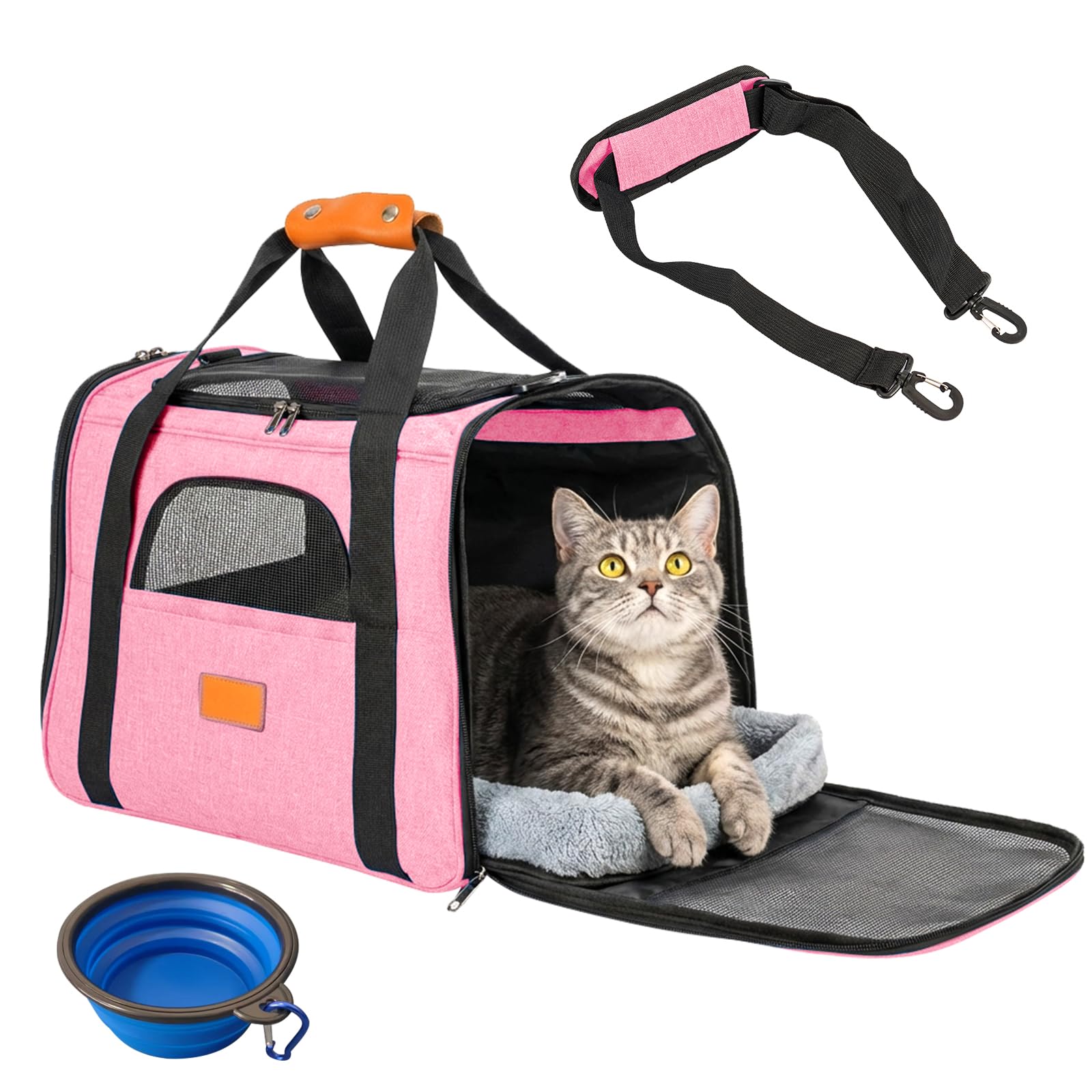 LN COZY CORNER Pet Carrier Bag – Foldable Cat & Dog Travel Handbag with Breathable Mesh, Oxford Cloth & Removable Bowl – Portable Pet Carrier for Vet Visits, Hiking & Short Trips (Pink)