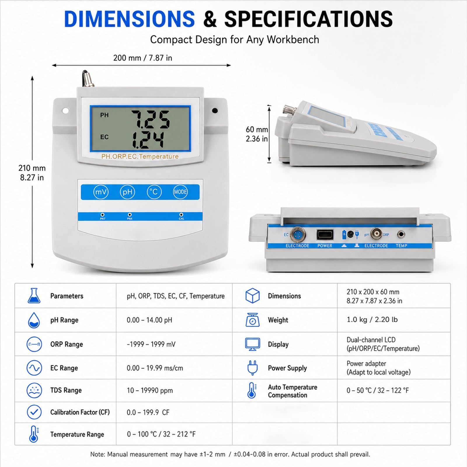 Probador de Calidad del Agua de sobremesa 6 en 1 Acuicultura hidropónica – Medidor multiparámetro Comercial pH TDS EC CF ORP Temp con ATC for gestión de nutrientes en piscifactorías