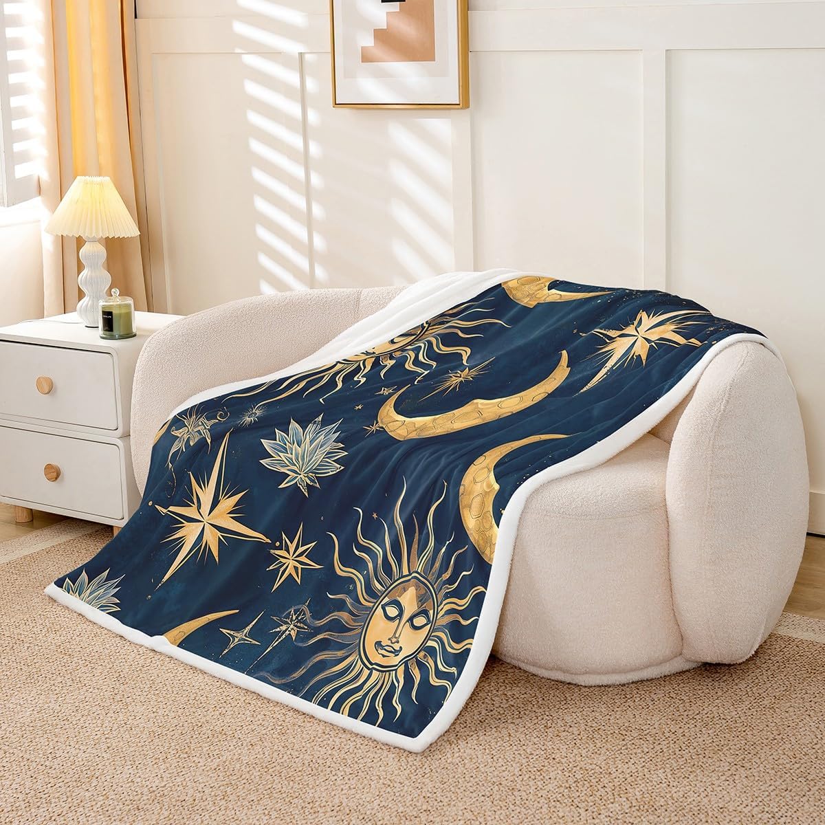Feelyou Sun and Moon Sherpa Blanket Boho Blue Space Galaxy Fleece Throw Blanket for Kids Boys Girls Boho Mandala Plush Blanket Blue Gold Fuzzy Blanket for Sofa Bed Couch,Twin 60x80 Inches