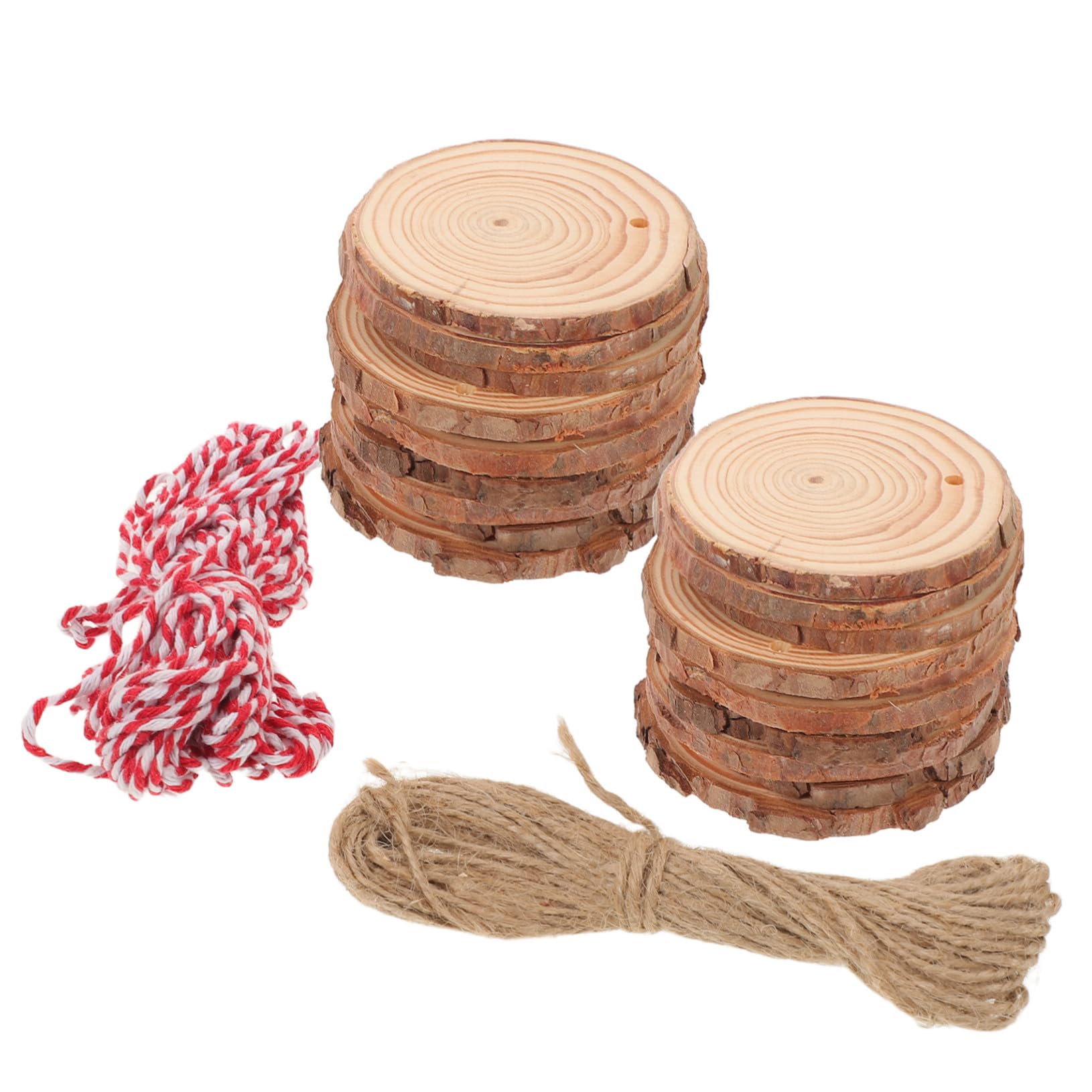 30 Stück Runde Holzscheiben mit Vorgebohrtem Loch und Jutekordel für Weihnachtsdekoration und Bastelarbeiten
