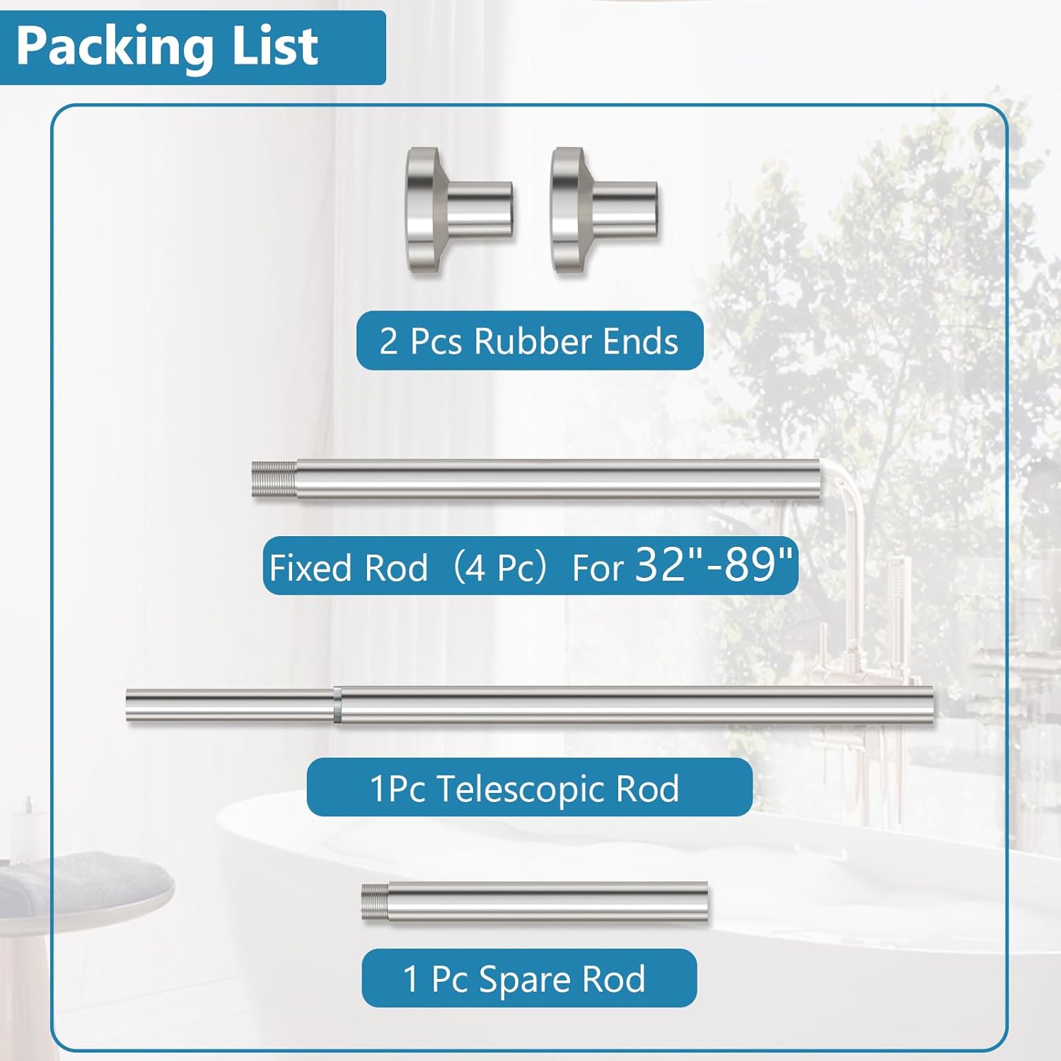 Bonpally Shower Curtain Rod, Adjustable 32-89 Inches Spring Tension Rod, Non-Slip No Drilling Stainless Steel Shower Rods for Bathroom Window Room Divider, Never Rust, Nickel