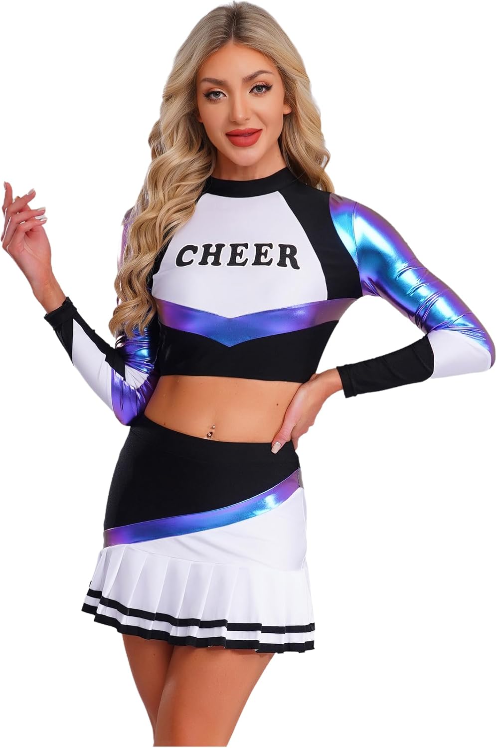 Women's Cheerleading Uniform Metallic Shiny Long Sleeve Crop Top Pleated Miniskirt Set