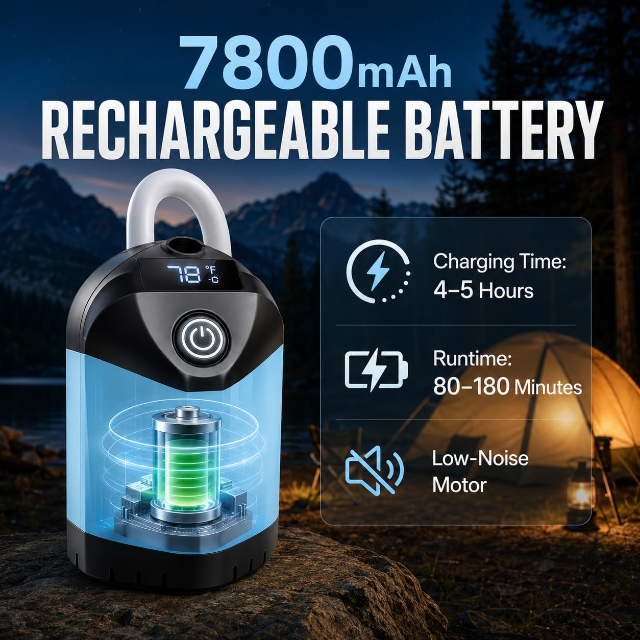 B013 Bomba de ducha portátil para camping, 7800 mAh, ducha de larga duración y silenciosa para exteriores con pantalla LED, IPX8 impermeable para baño de mascotas, lavado de autos y RV | IPX8 impermeable, baño para mascotas y lavado de coche, compatible c
