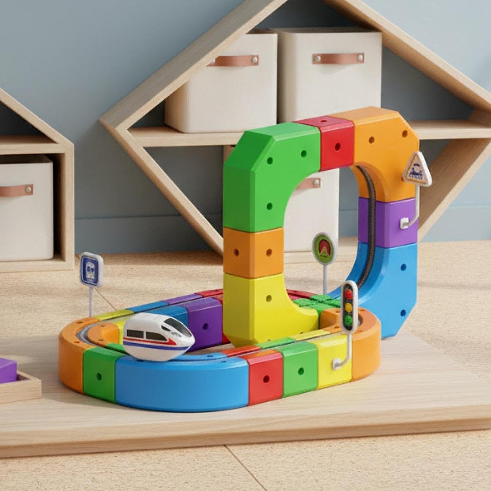Mini Elektro Spielzeugeisenbahn Set mit Gebogener Rampe, Austauschbarem Zubehör, Sicherem PP Material, Geeignet für Familienspiele, Kreatives Kinderge, 51 Stück