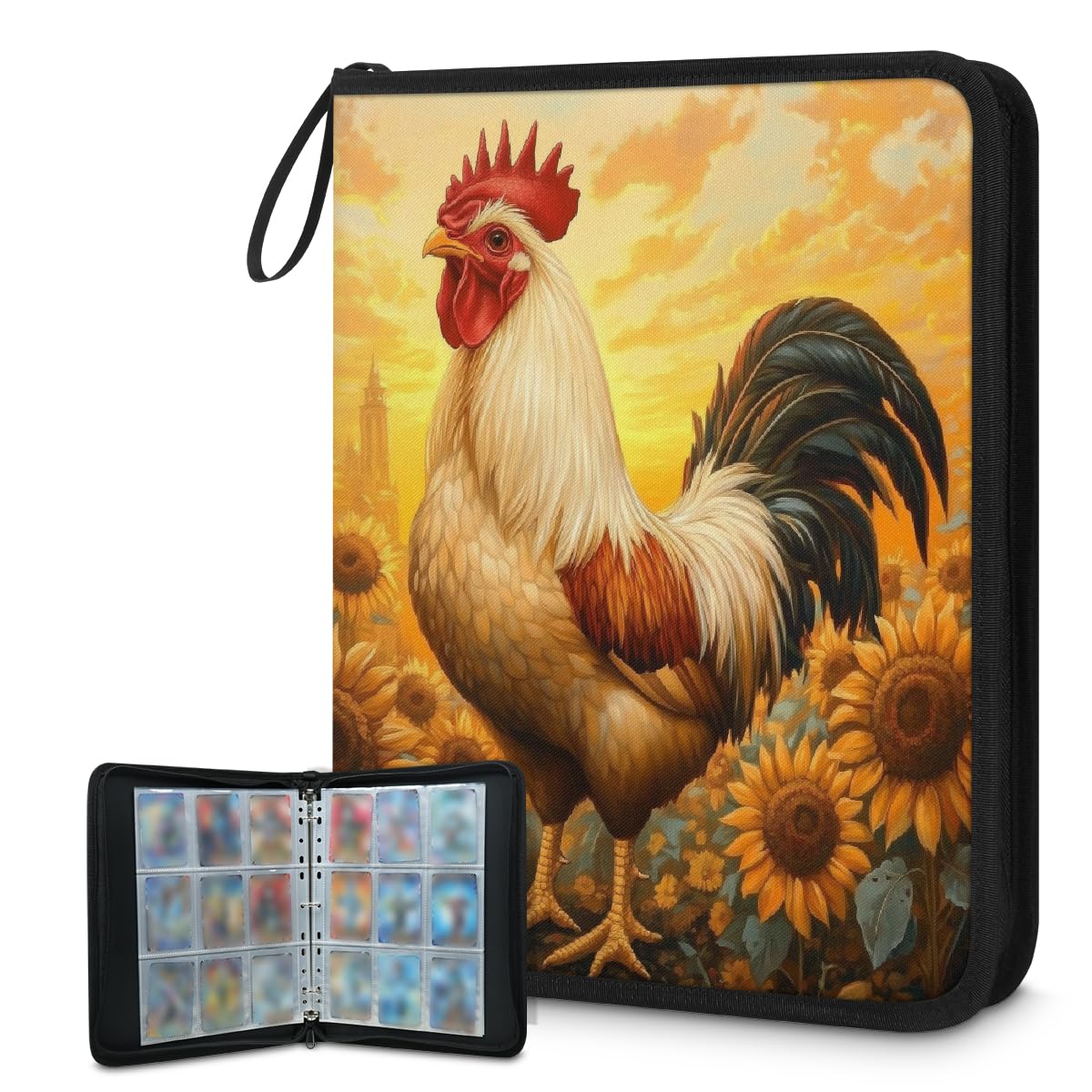 Carpeta para tarjetas de intercambio con 9 bolsillos, diseño de gallo y girasol, álbum de tarjetas con fundas extraíbles, impermeable, con cremallera, capacidad para 50 páginas y 900 tarjetas