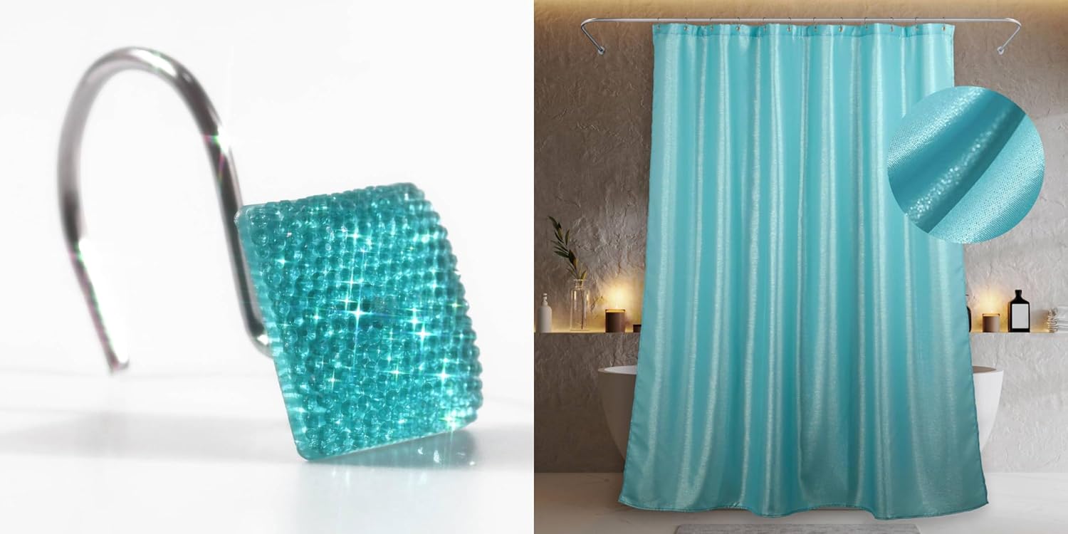 Teal Shower Curtain & Hooks - 72x72 Waterproof Washable Sparkle Glitter Fabric - 12 PCS Rust Proof Metal Rings (Bundle)