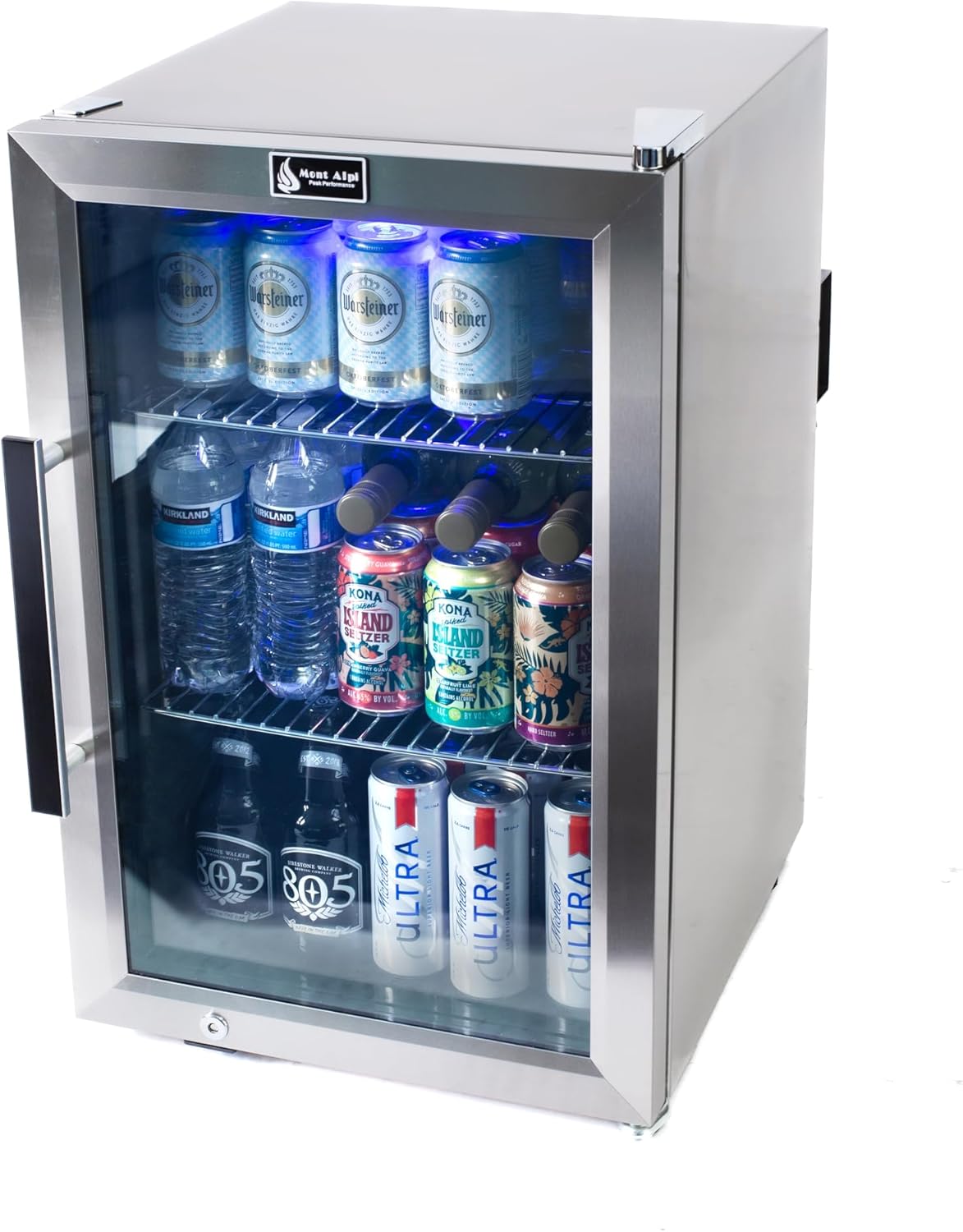 Mont Alpi Premium 27"H x 18.5"D x 17.5"D Stainless Steel All Weather Outdoor Refrigerator 2.7 cu. ft. Glass Door Fridge with Temperature Control + Lockable Door + Adjustable Shelves + Blue Lighting