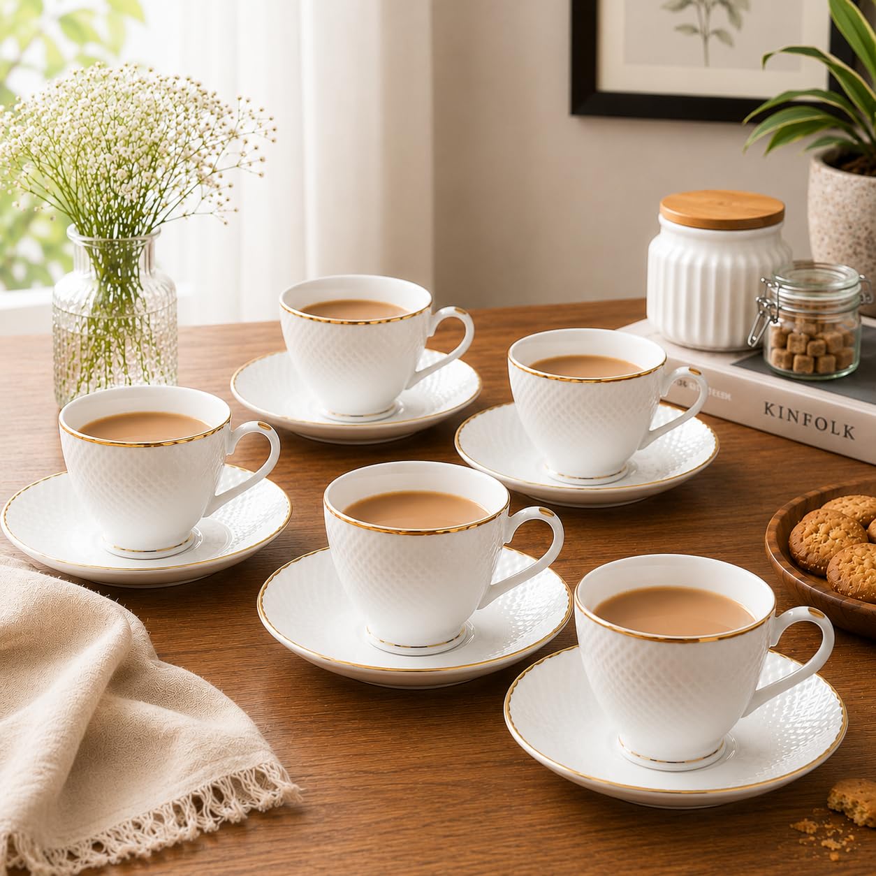 Femora Ceramic Gold Line Diamond Cut White Cup 6 Pcs with Saucer Set of 6 Pcs Tea/Coffee Cups 200 ml |Microwave & Dishwasher Safe Crockery Set Ideal for Daily Use & Gifting, White 3