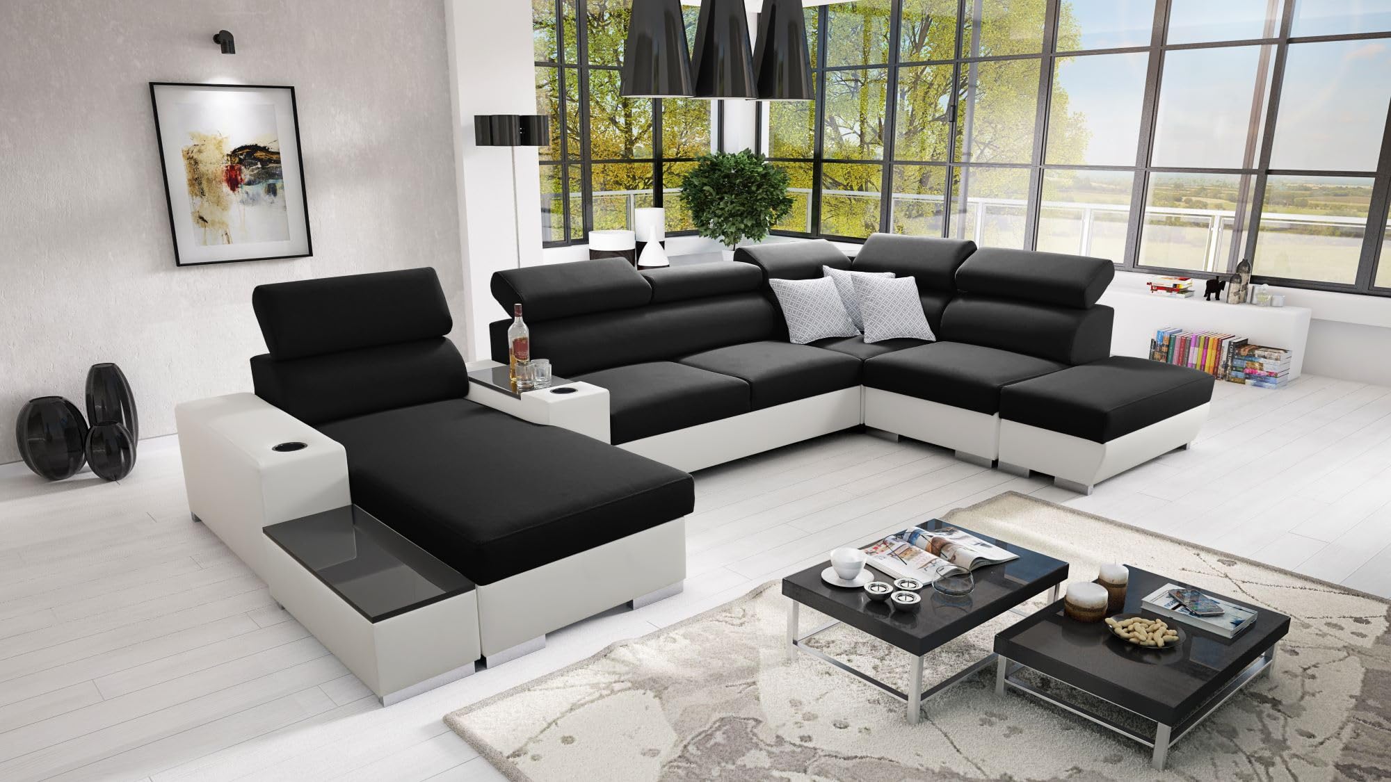 IM SOFA PERS V XXL Ecksofa U-Form mit Bettfunktion Wohnlandschaft Couch Wohnzimmer freistehend verstellbare Kopfstützen 3 Dekokissen modernes (Schwarz Sawana + Weißes Kunstleder, Links)