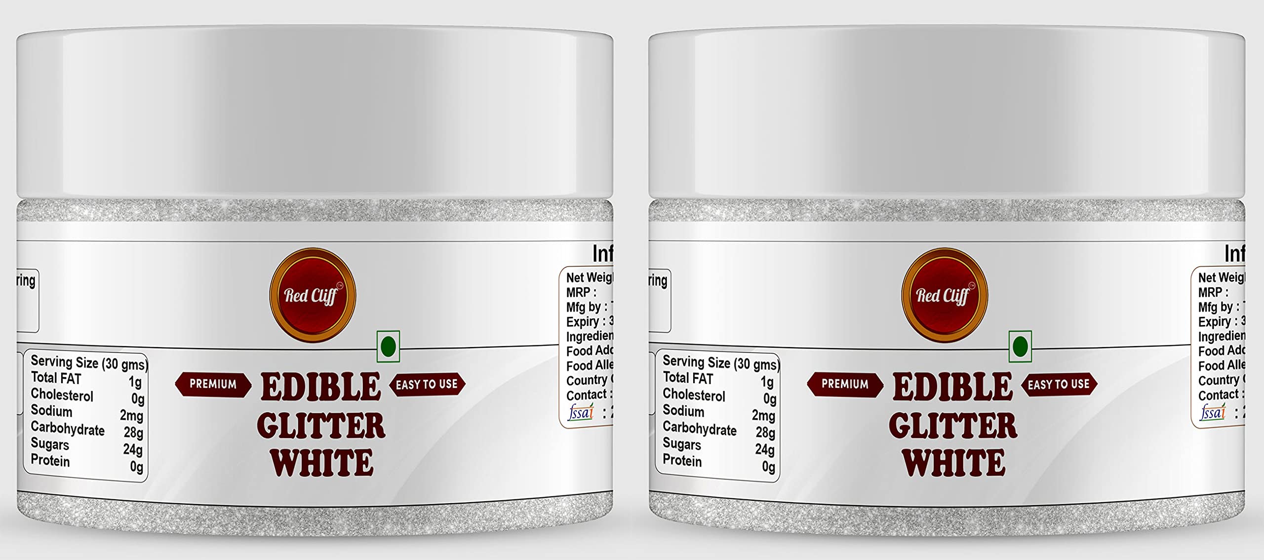 RED CLIFF Premium Edible Glitter - Combo Pack of 2 | Metallic Glitter Ideal for Cake Icing Decoration & Garnishing | 9g | (White Glitter | 9gx2 |)
