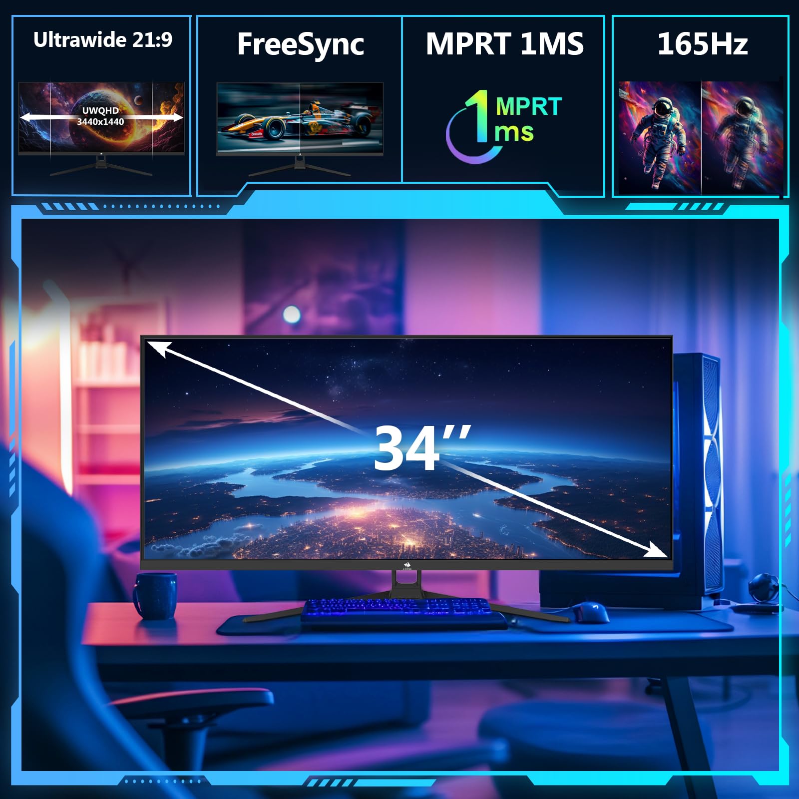 Z-Edge Schermo PC Gamer 34'', UWQHD (3440x1440), 165 Hz, Pannello IPS, 1 ms, Monitor Ultrawide 21:9, FreeSync, 300 cd/m², 2× DP1.4 & HDMI2.0, RGB, Inclinazione Regolabile, VESA 75×75 mm