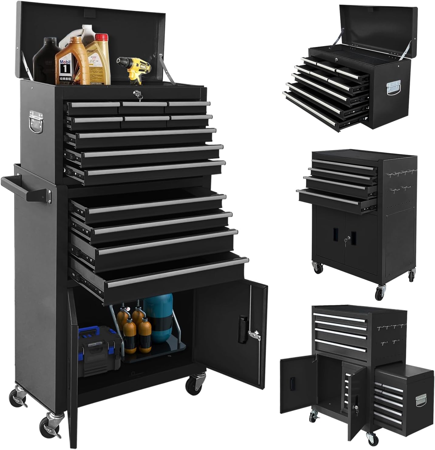 13-Drawer Rolling Tool Chest with Double Doors, 2 in 1 Detachable Rolling Tool Chest with Drawers, Mobile Tool Cabinet Combo, Metal Large Lockable Tool Box for Garage Workshop (Black)
