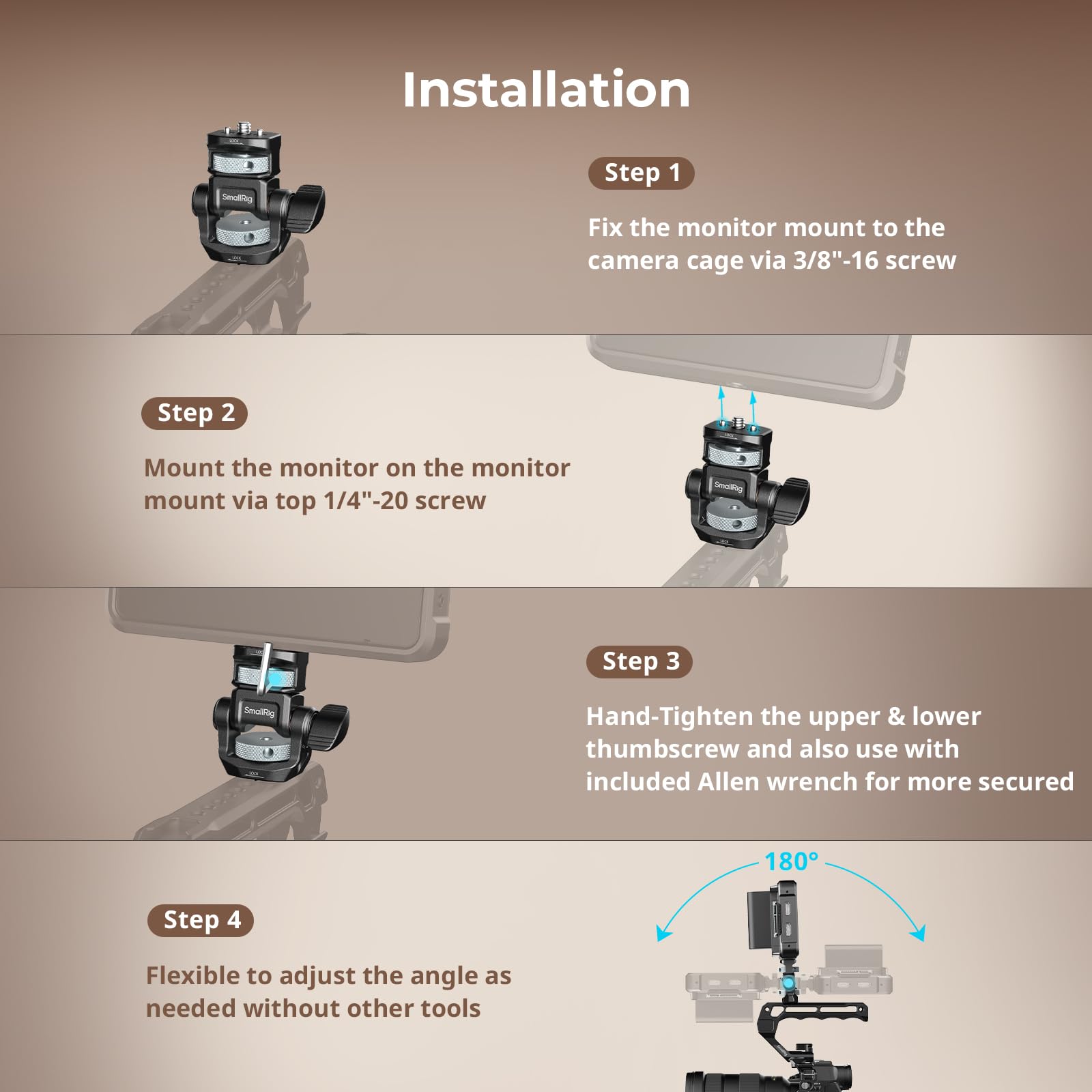 SMALLRIG Supporto regolabile per monitor ARRI, girevole a 360° e inclinabile a 180°, vite di posizionamento da 3/8"-16" per ARRI, vite di posizionamento da 1/4", riprese orizzontali e verticali - 6314