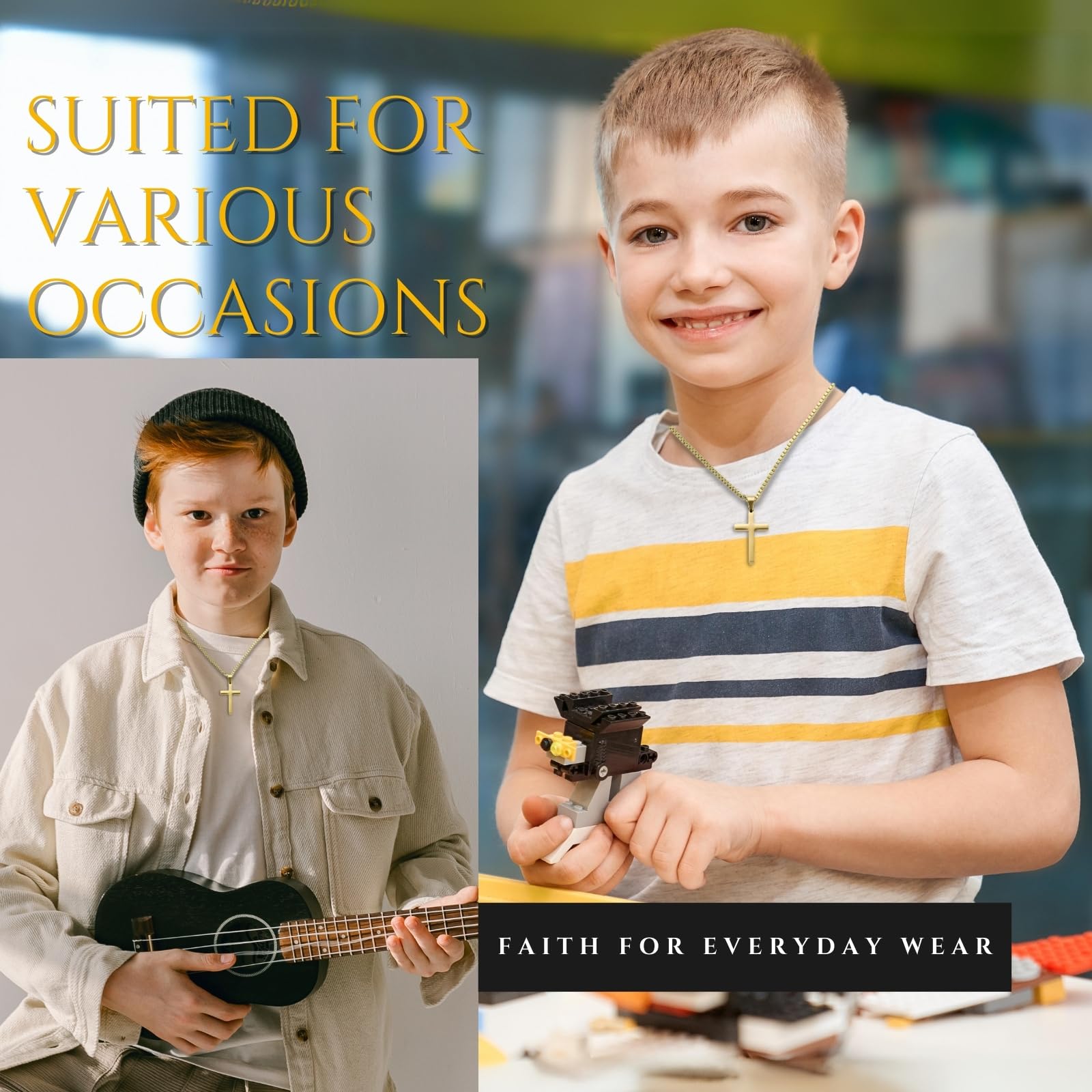 HALUKAKAH Collar de Cruz de Plata de Ley 925 para Niños y Adolescentes - Pequeño Colgante de Cruz Chapado en Oro de 18k/Platino con Cadena - Completo con Tarjeta de Mensaje Bíblico y Caja de Regalo
