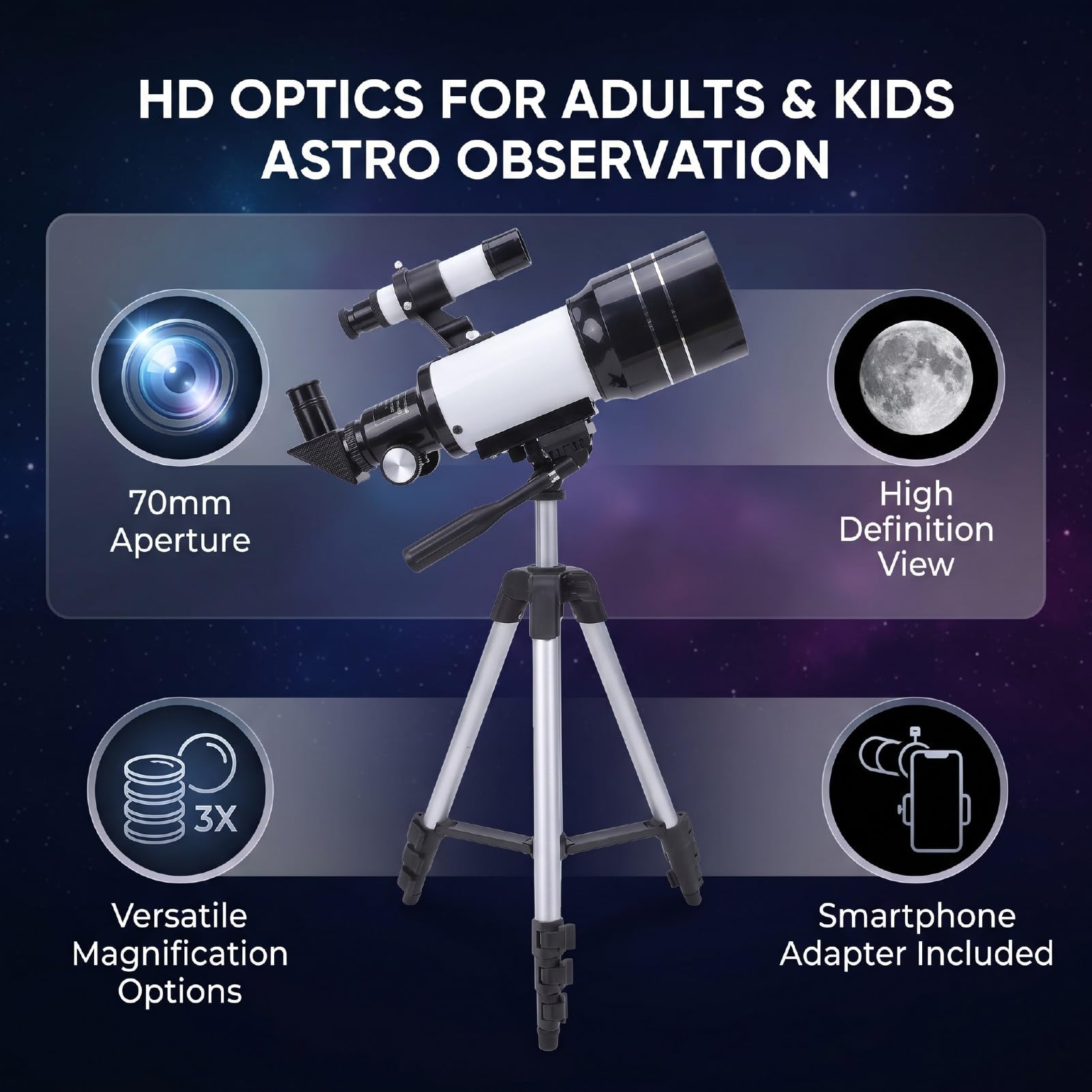 Teleskop Astronomiczny 70mm Apertura dla Dzieci | Przenośna konstrukcja, optyka HD, powiększenie 15X/50X, nadaje się do użytku na zewnątrz