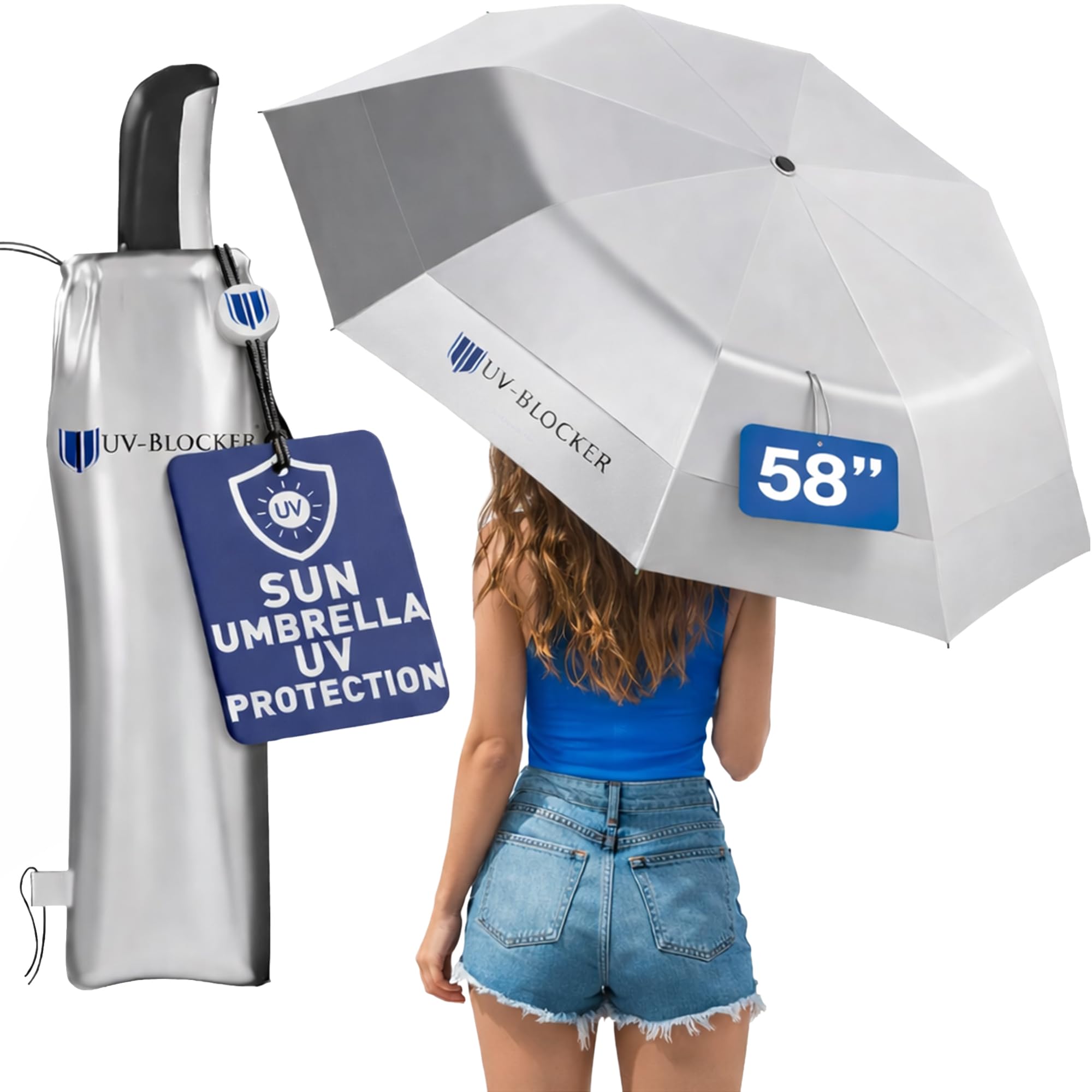UV-Blocker Kompakter Sonnenschirm, UV-Schutz, automatisches Öffnen/Schließen, doppelt belüftet, winddichter Sonnenschirm zum Spazierengehen, LSF 55+, 106,7 cm/111,8 cm/147,3 cm