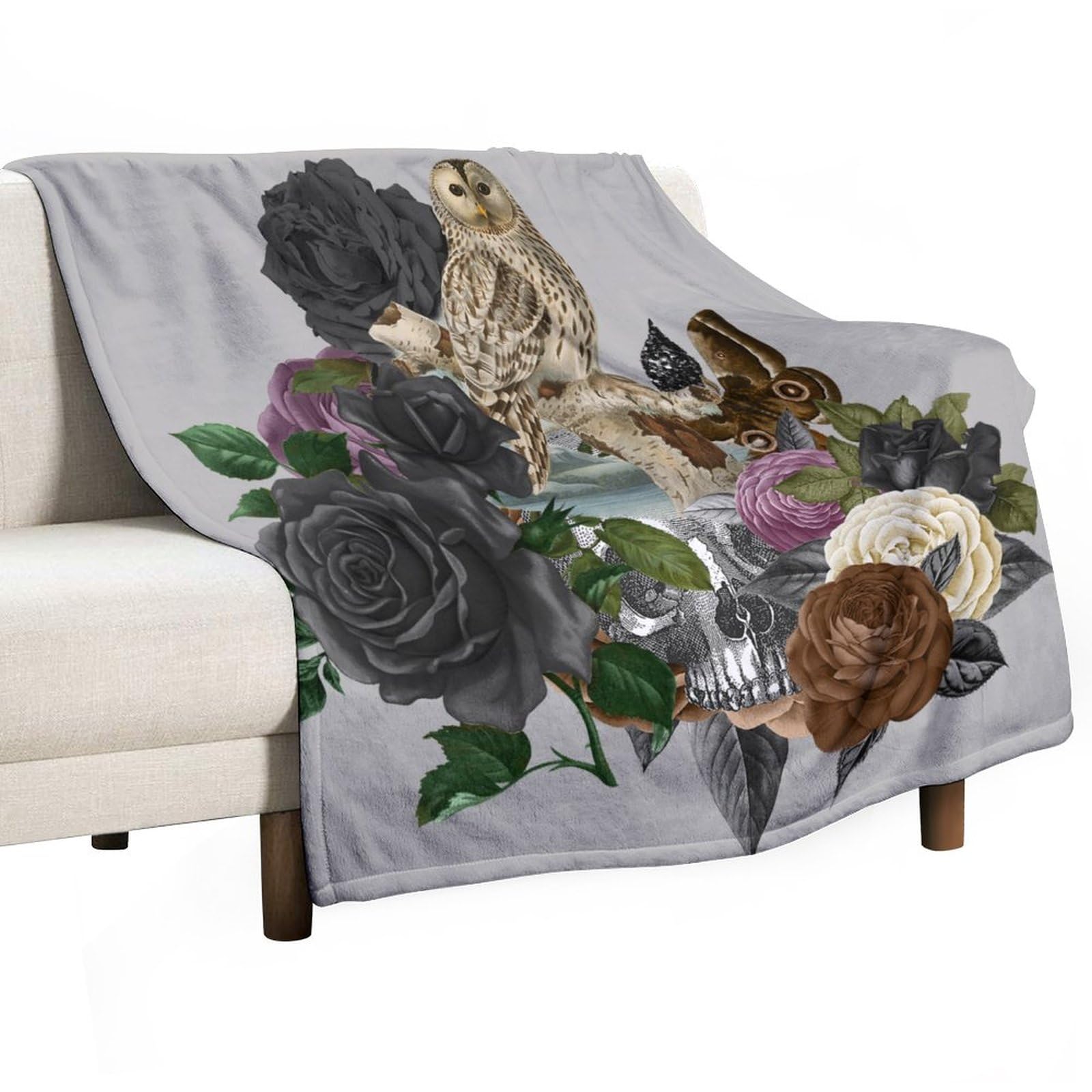 Plaid en flanelle haut de gamme 177x203 cm imprimé floral et squelette