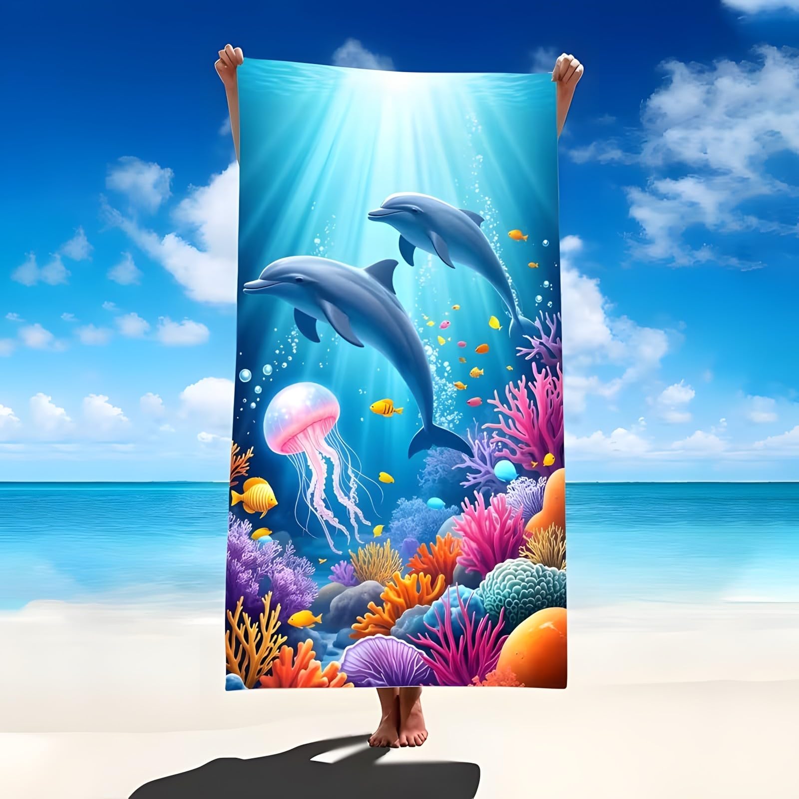 YZQGLHP Coral Reef Microfibre Beach Towel Dolphins Beach Bath Towel Quick Drying, Lightweight, Sand-Free, Durable, for Pool, Gym, Camping, Travel Towel 90x200cm