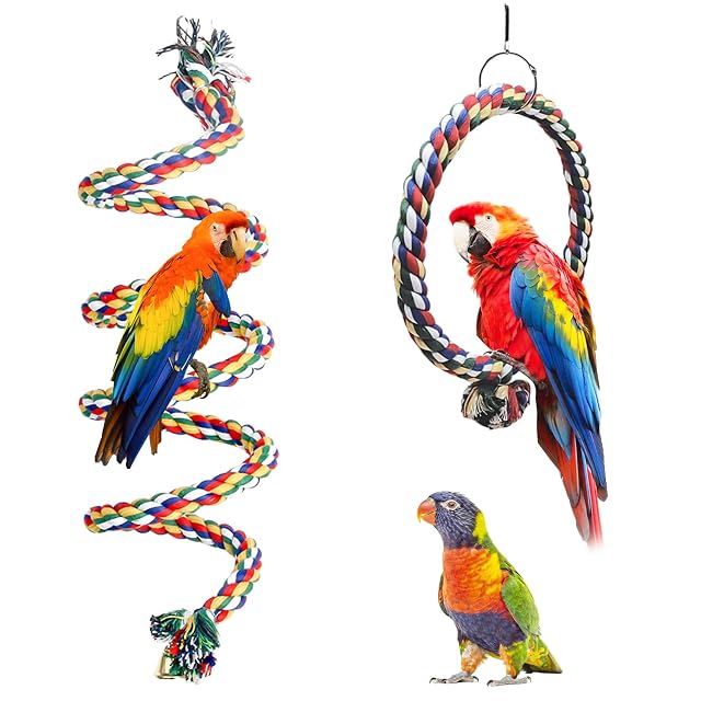 HOMURY 2 Paquetes Juguetes de Pájaro: 150cm Espiral Cuerda Columpio de algodón Cuerda para Escalar de PáJaros