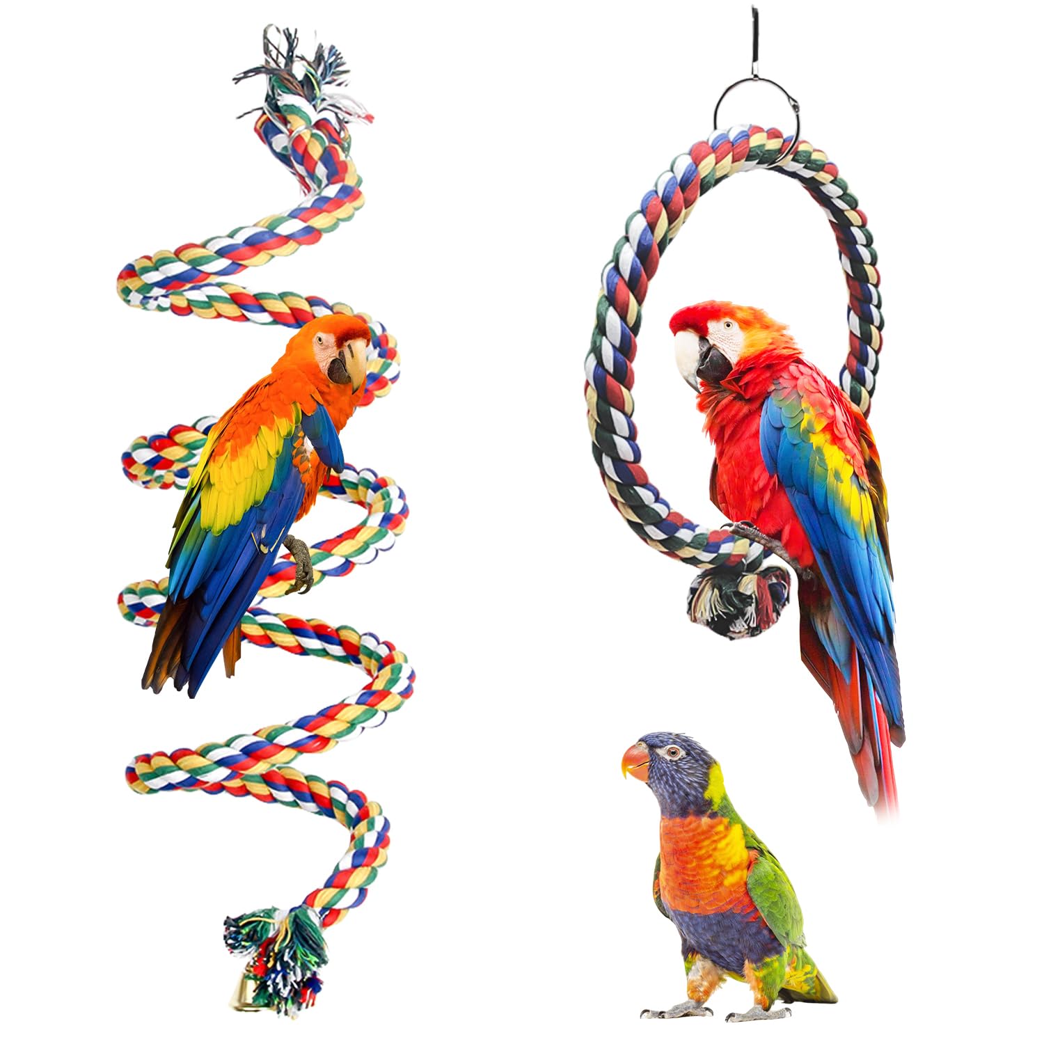 HOMURY 2 Paquetes Juguetes de Pájaro: 150cm Espiral Cuerda Columpio de algodón Cuerda para Escalar de PáJaros, 18 cm de diámetro Pájaro Colgante Perchas de Anillo para Loros, Juguetes para Loros