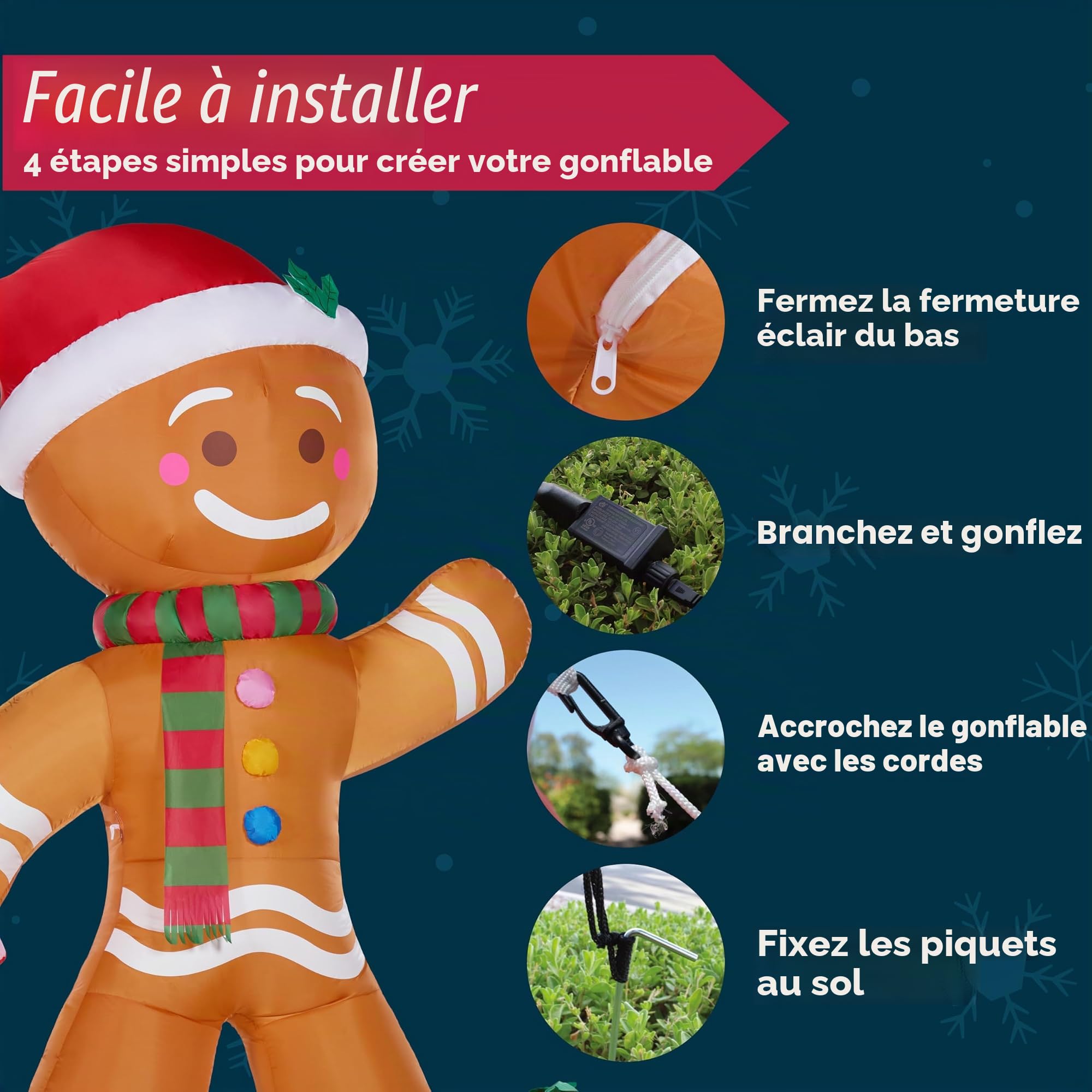 Joiedomi Bonhomme en pain d'épices gonflable de Noël de 2,4 m de haut avec sucre d'orge, décoration de cour gonflable en pain d'épices avec LED intégrées pour Noël, fête, extérieur, cour, jardin