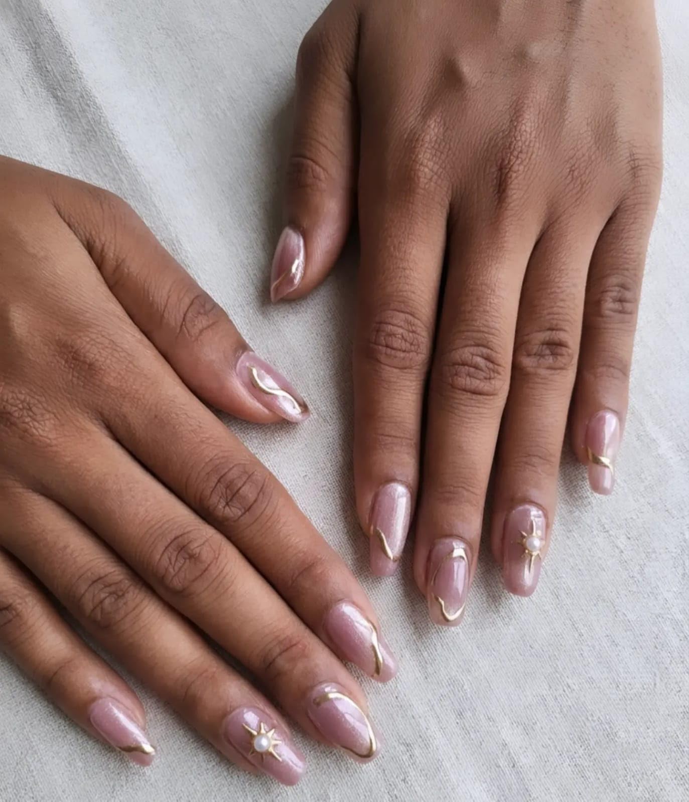 Crystle Tips Elegant Nude Pink Press On Nails with Gold French Swirl & Pearl Star Accent – Medium Square Glossy False Nails, 10PCS-image-42