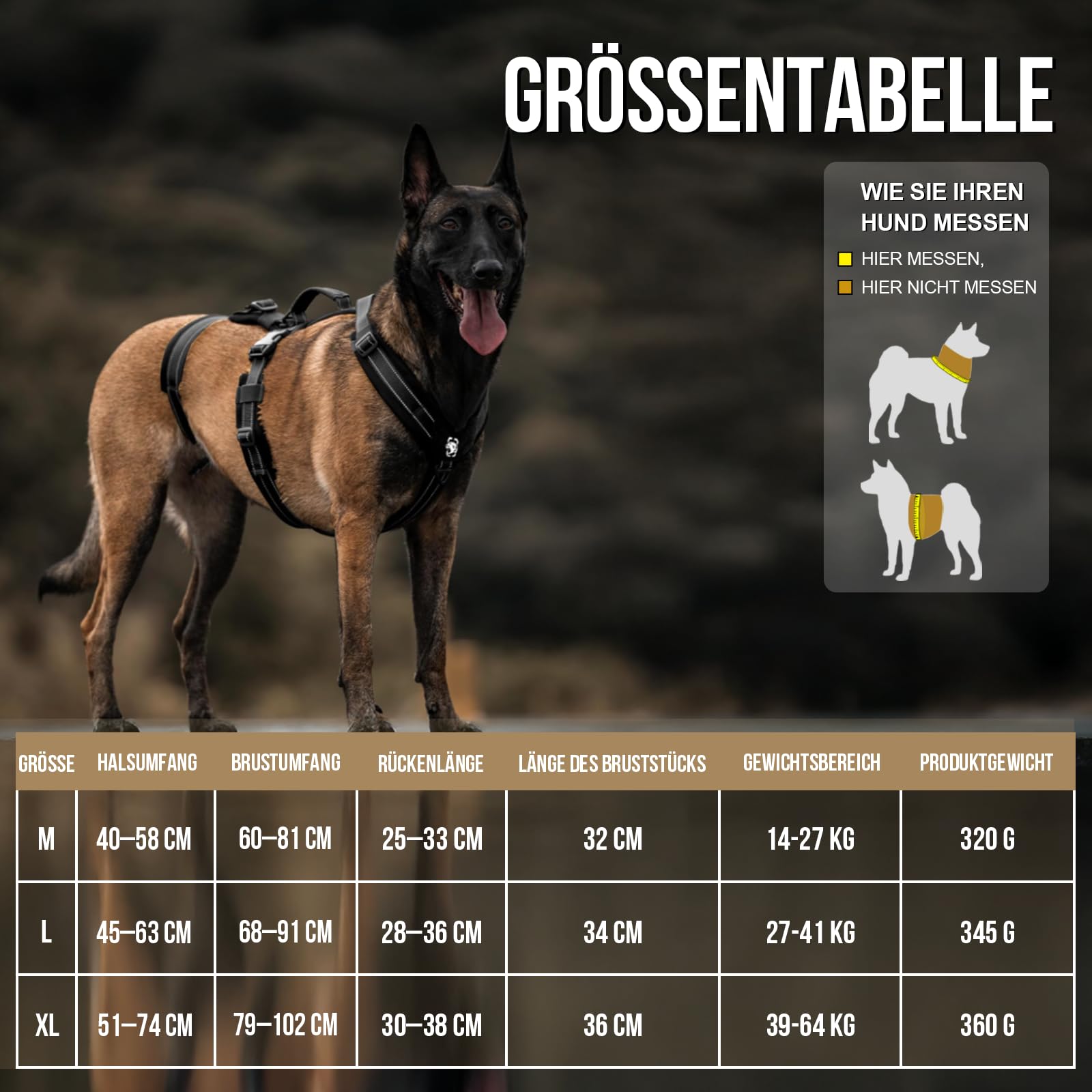 OneTigris Hundegeschirr, HOUNDLOCK Taktisches Geschirr Ausbruchsicher Einstellbar Weich Gepolstert Brustgeschirr mit 1 Griff, 2 D-Ringe und Reflektierend (Schwarz, M)