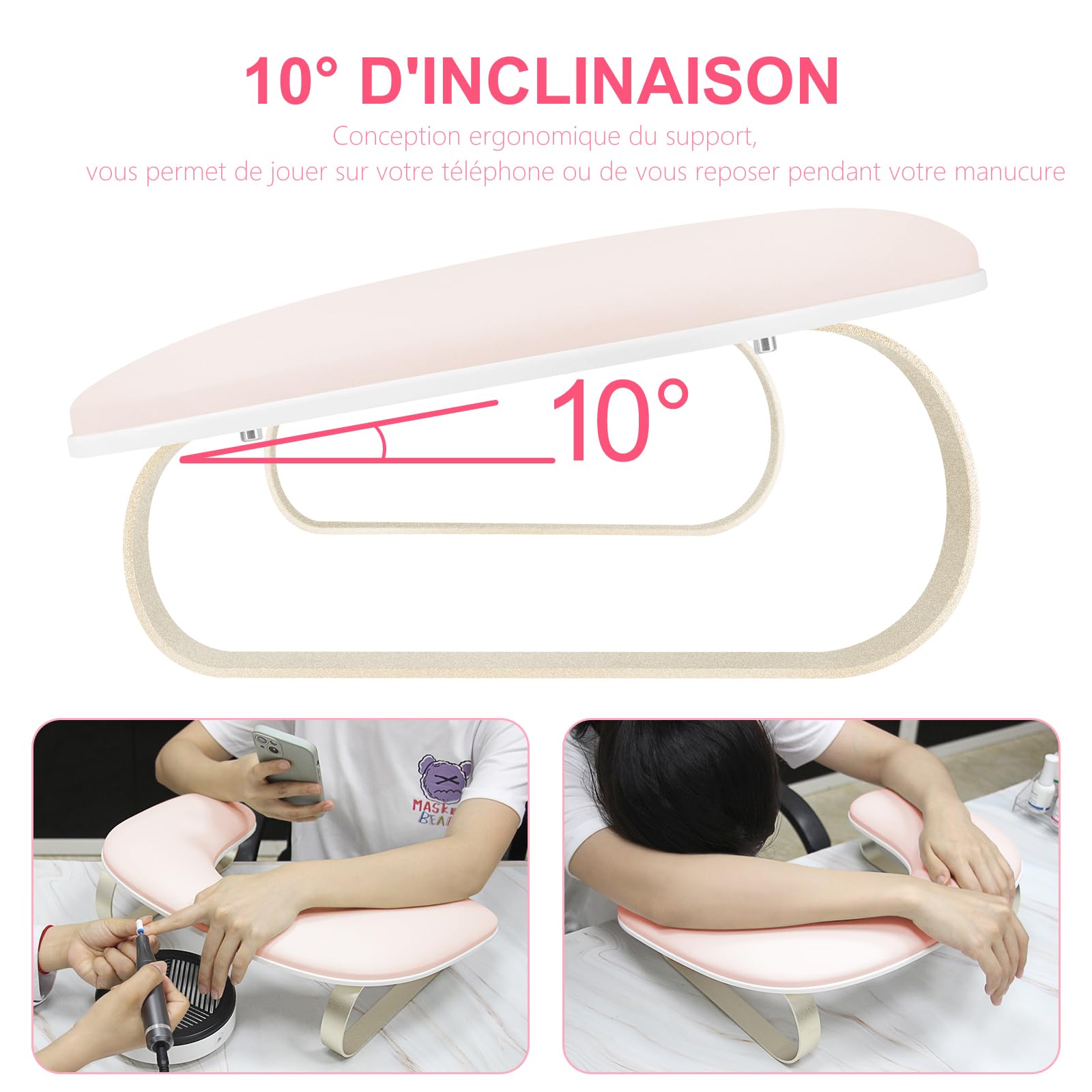 Coussin Manucure Repose Main en Cuir Nettoyable,Main pour Manucure avec Support en Alliage d'aluminium,Idéal pour les Technicien(ne) s Ongulaires Manucure(Rose)