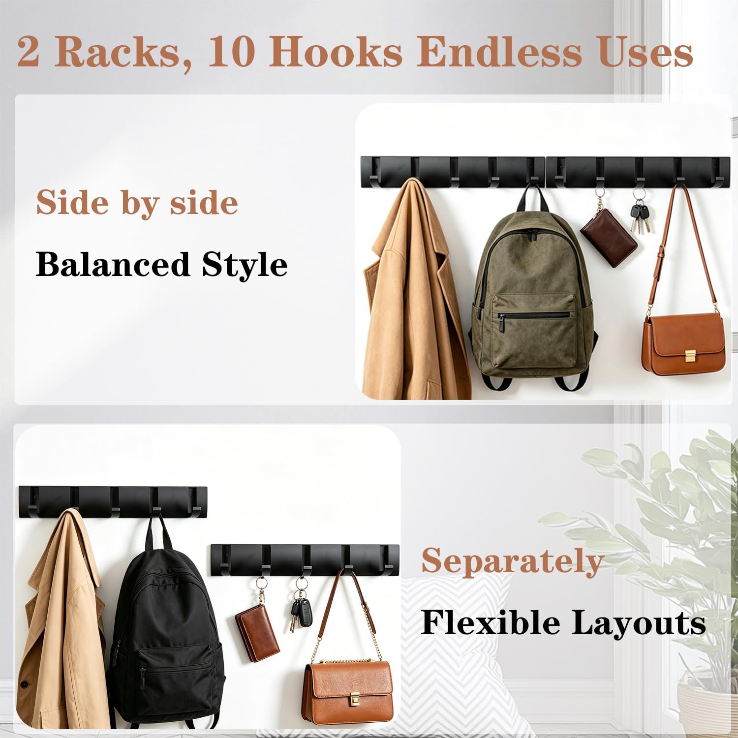 Folding Coat Hooks, Wall Mounted Coat Rack with 10 Retractable Hooks,Heavy Duty Towel Rack for Bathroom Wall Hook for Hanging Clothes Bathrobe, Stainless Steel Coat Hanger for Entryway(Black)