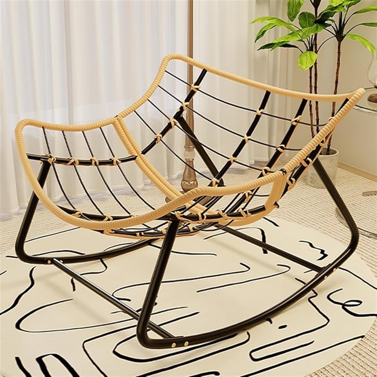Cómoda Mecedora Relajante para Interiores y Exteriores, para Patio, Curvada, para balcón, con Estructura metálica y Cojines Gruesos (Blanco Roto).