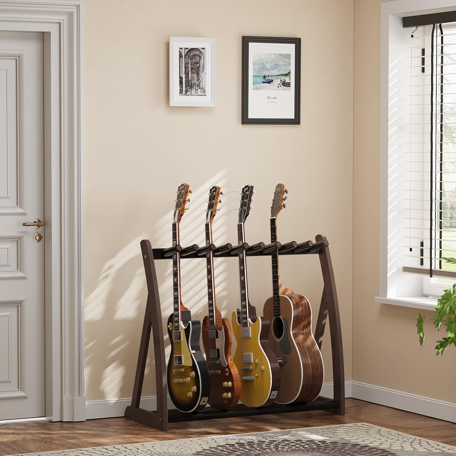 Multi Guitar Stand Heavy Duty - Wood Floor Stand for Electric Guitar and Bass, Adjustable Non-Slip Guitar Rack, Holds Multiple Guitars & Basses (Electric Guitar Stand, Bass Stand, Wood Guitar Stand)